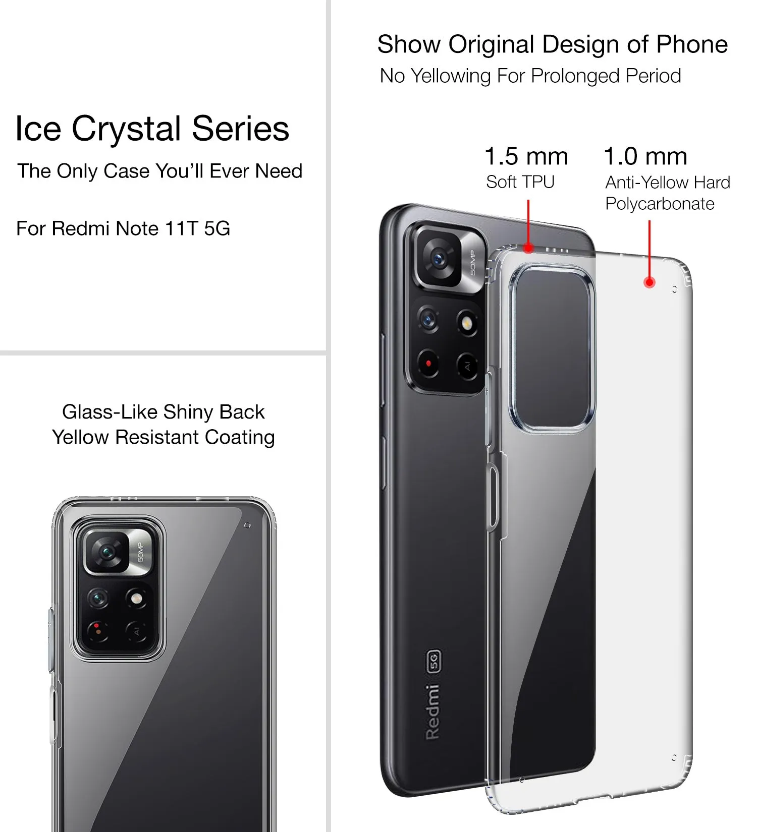 Ice Crystal Series Hybrid Scratch-Resistant Yellow Resistant Transparent PC Military Grade TPU Back Cover for Redmi Note 11T 5G, Poco M4 Pro 5G, 6.6 inch, Black Clear