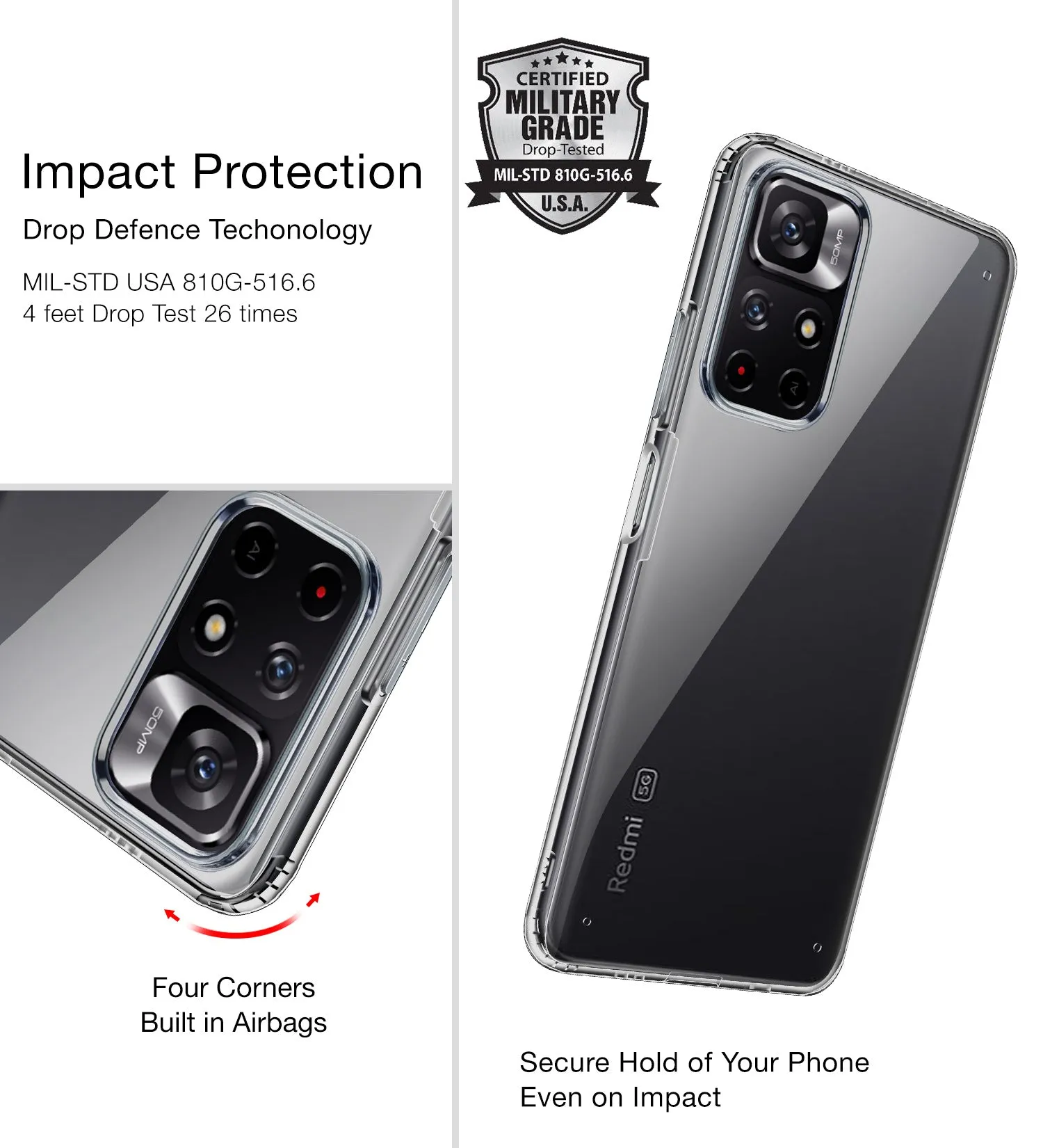 Ice Crystal Series Hybrid Scratch-Resistant Yellow Resistant Transparent PC Military Grade TPU Back Cover for Redmi Note 11T 5G, Poco M4 Pro 5G, 6.6 inch, Black Clear