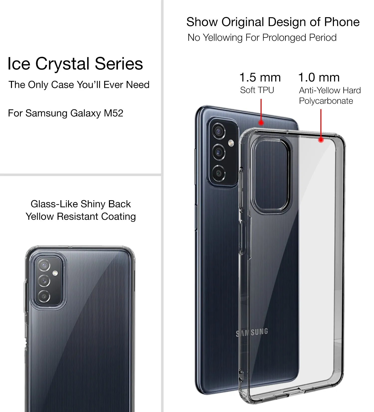 Ice Crystal Series Hybrid Scratch-Resistant Yellow Resistant Transparent PC Military Grade TPU Back Cover for Samsung Galaxy M52 5G, 6.7 inch, Black Clear