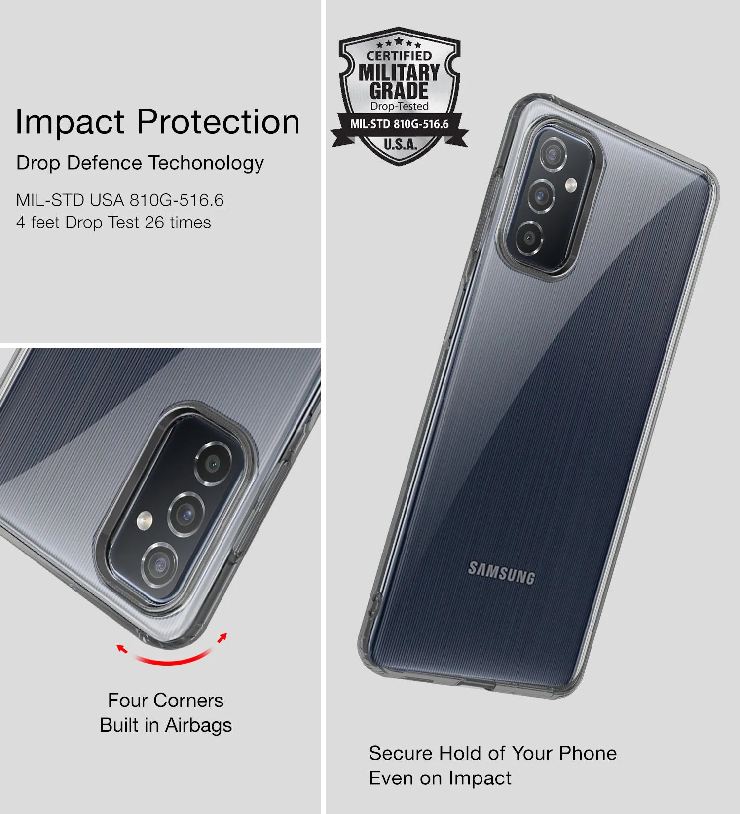 Ice Crystal Series Hybrid Scratch-Resistant Yellow Resistant Transparent PC Military Grade TPU Back Cover for Samsung Galaxy M52 5G, 6.7 inch, Black Clear