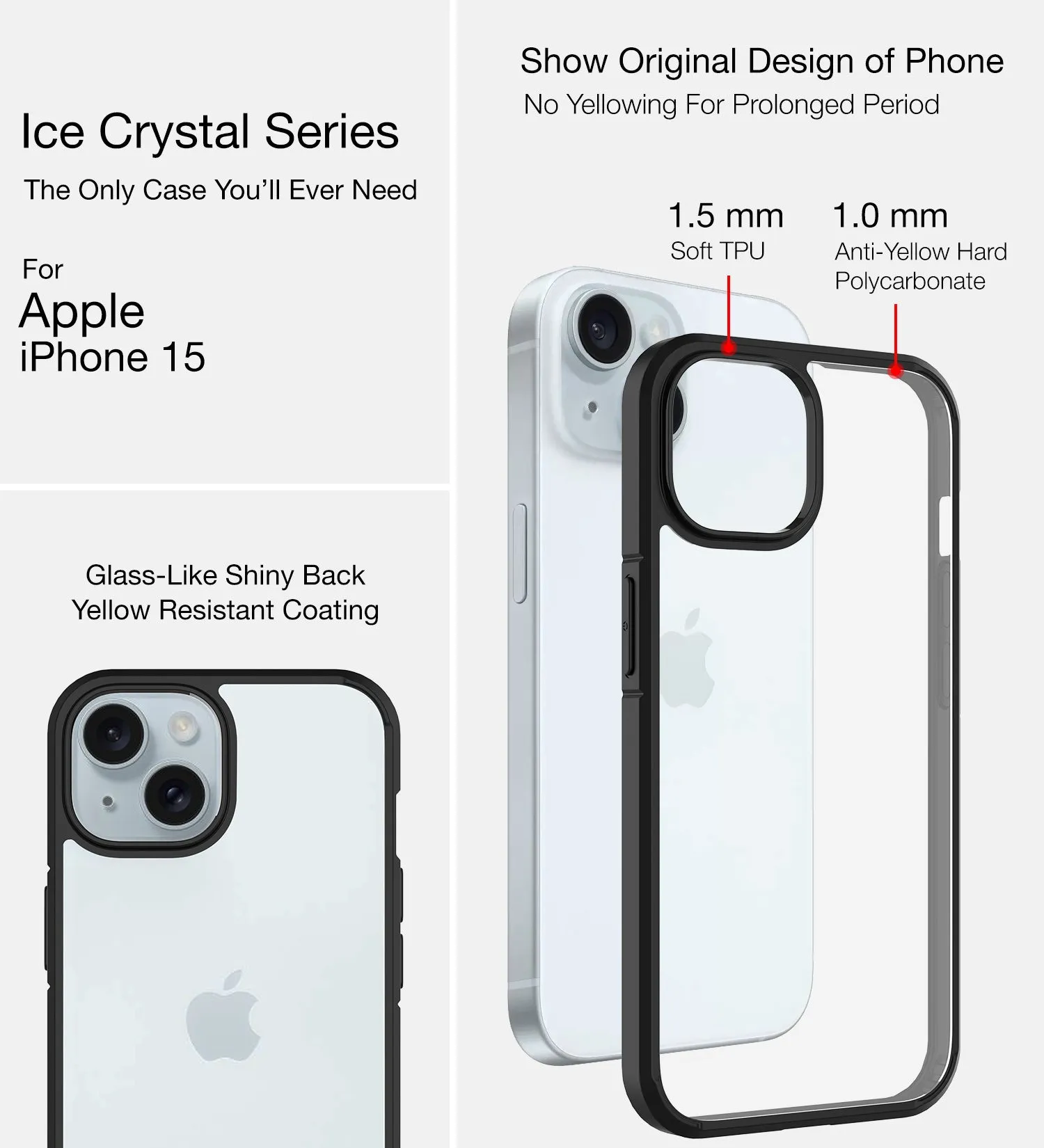 Ice Crystal Series Hybrid Transparent PC Military Grade TPU Back Cover for Apple iPhone 15, 6.1 inch, Black