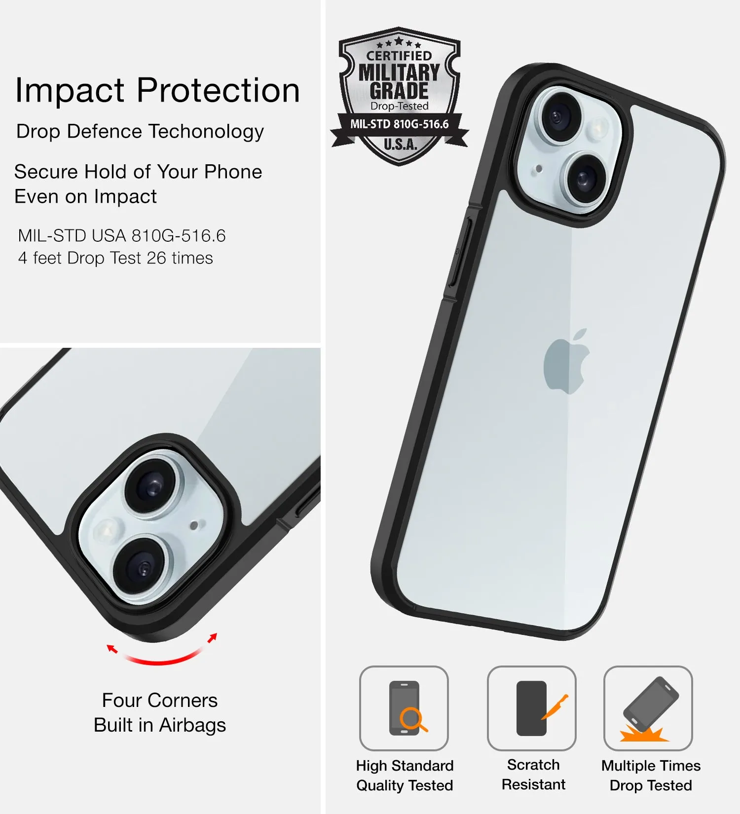 Ice Crystal Series Hybrid Transparent PC Military Grade TPU Back Cover for Apple iPhone 15, 6.1 inch, Black