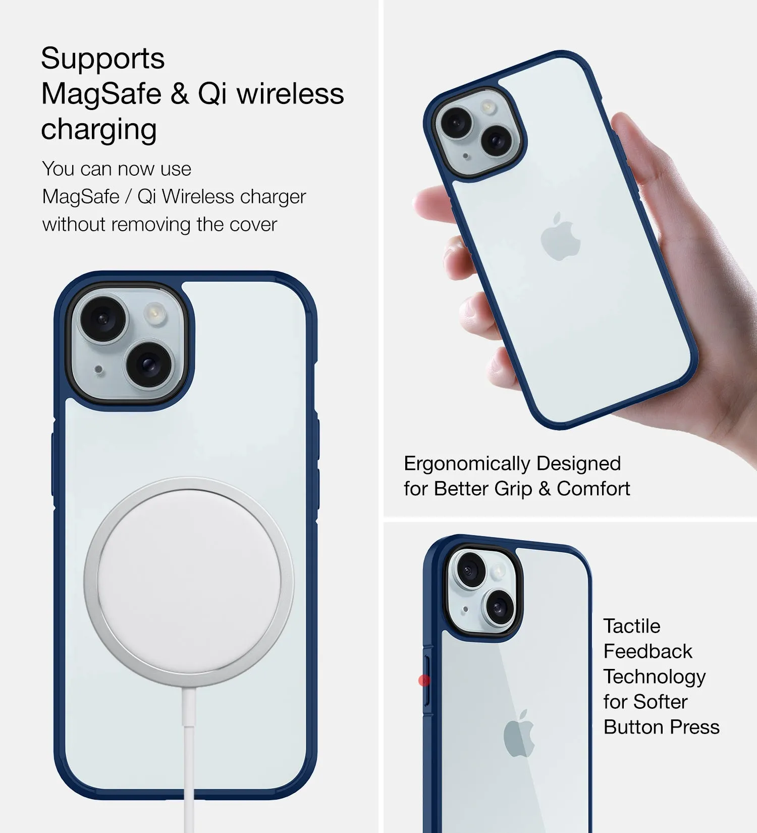 Ice Crystal Series Hybrid Transparent PC Military Grade TPU Back Cover for Apple iPhone 15, 6.1 inch, Blue