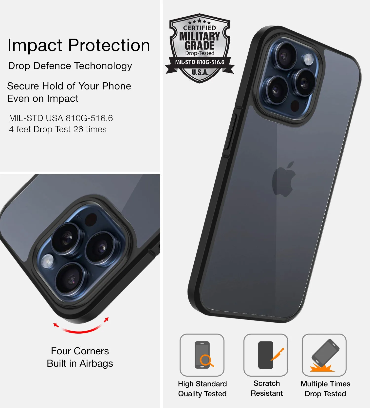 Ice Crystal Series Hybrid Transparent PC Military Grade TPU Back Cover for Apple iPhone 15 Pro Max, 6.7 inch, Black