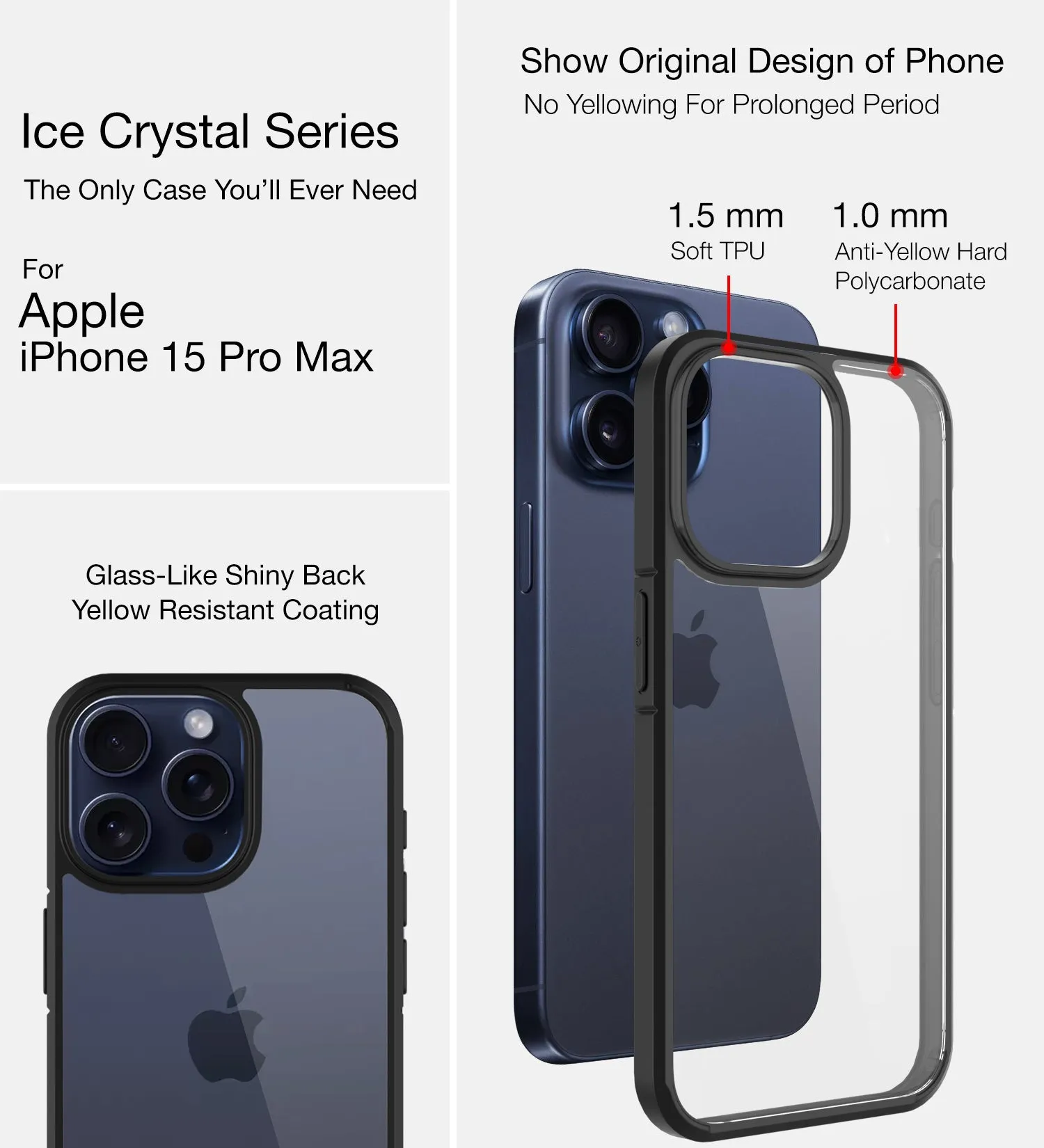 Ice Crystal Series Hybrid Transparent PC Military Grade TPU Back Cover for Apple iPhone 15 Pro Max, 6.7 inch, Black