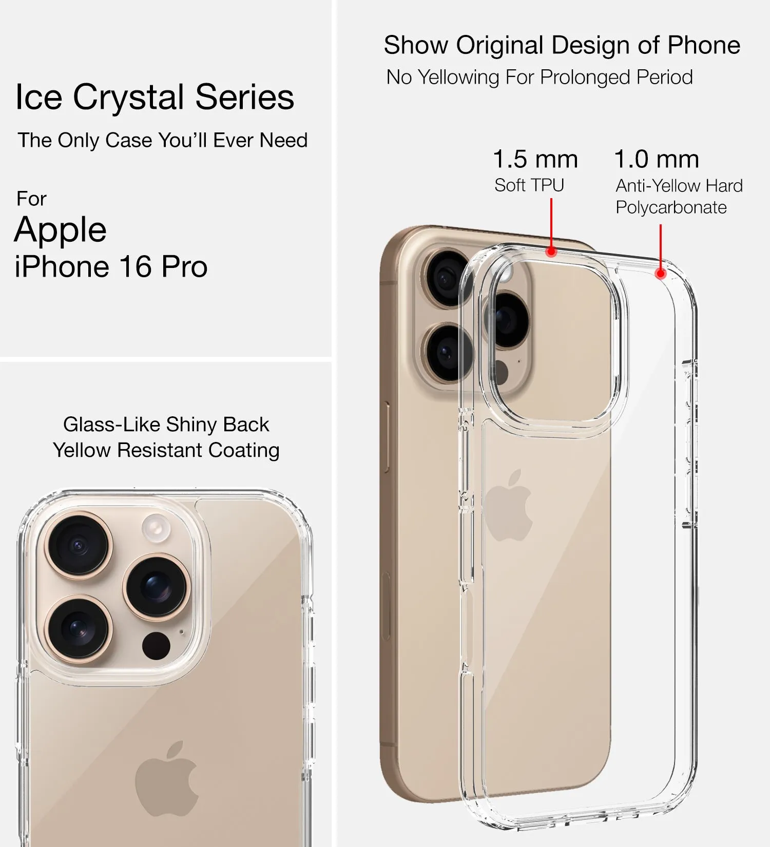 Ice Crystal Series Hybrid Transparent PC Military Grade TPU Back Cover for Apple iPhone 16 Pro, 6.3 inch, Crystal Clear