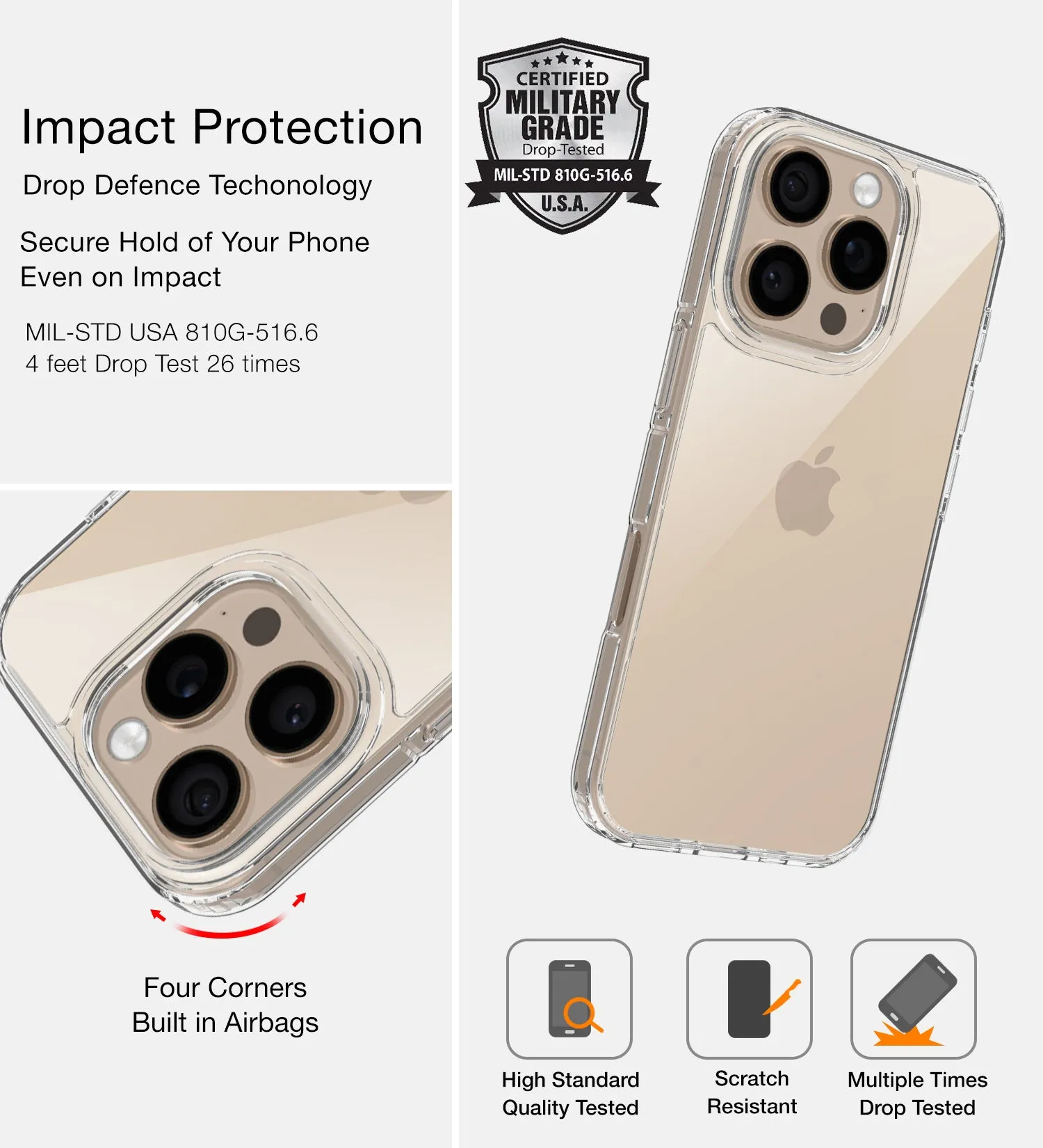Ice Crystal Series Hybrid Transparent PC Military Grade TPU Back Cover for Apple iPhone 16 Pro, 6.3 inch, Crystal Clear