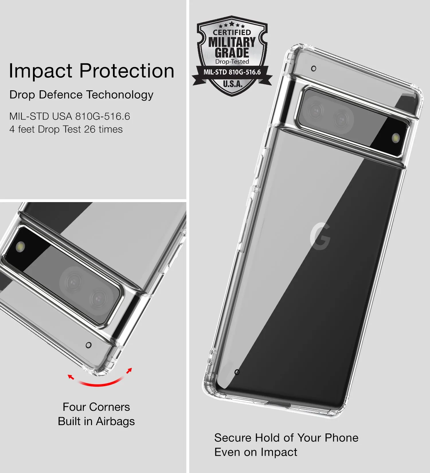 Ice Crystal Series Hybrid Transparent PC Military Grade TPU Back Cover for Google Pixel 7 5G, 6.3 inch, Crystal Clear