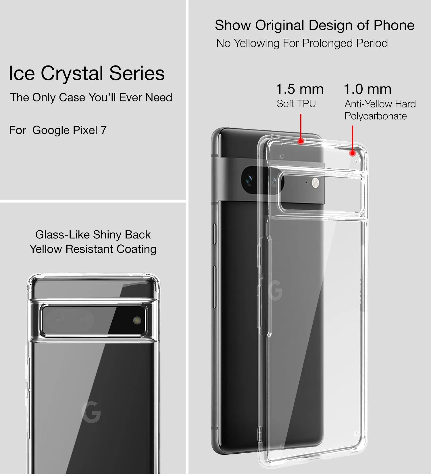 Ice Crystal Series Hybrid Transparent PC Military Grade TPU Back Cover for Google Pixel 7 5G, 6.3 inch, Crystal Clear