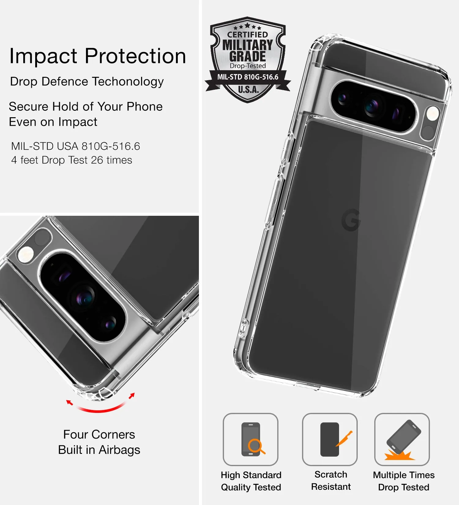 Ice Crystal Series Hybrid Transparent PC Military Grade TPU Back Cover for Google Pixel 8 Pro 5G, 6.7 inch, Crystal Clear