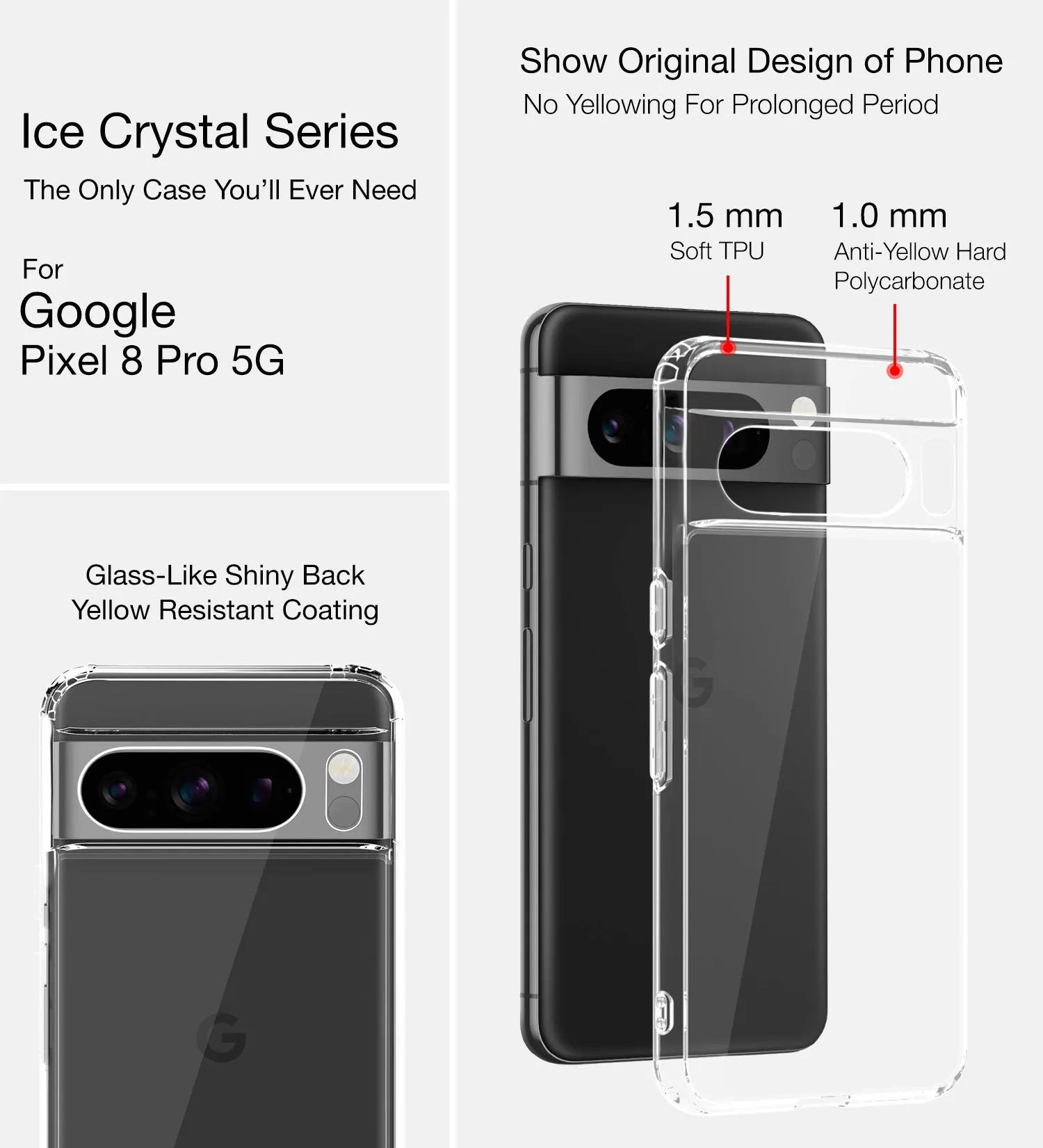 Ice Crystal Series Hybrid Transparent PC Military Grade TPU Back Cover for Google Pixel 8 Pro 5G, 6.7 inch, Crystal Clear