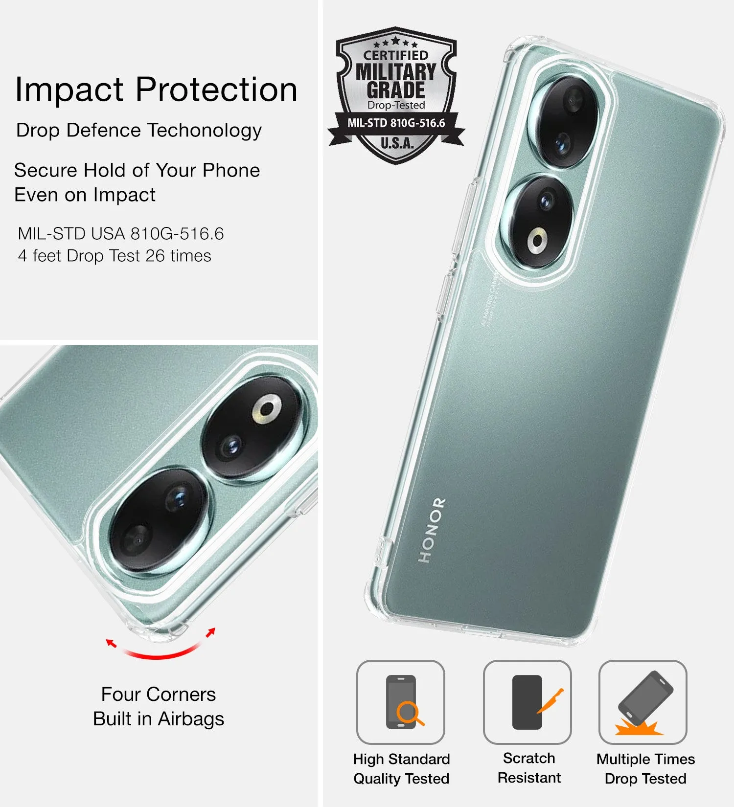 Ice Crystal Series Hybrid Transparent PC Military Grade TPU Back Cover for HONOR 90 5G, 6.7 inch, Crystal Clear