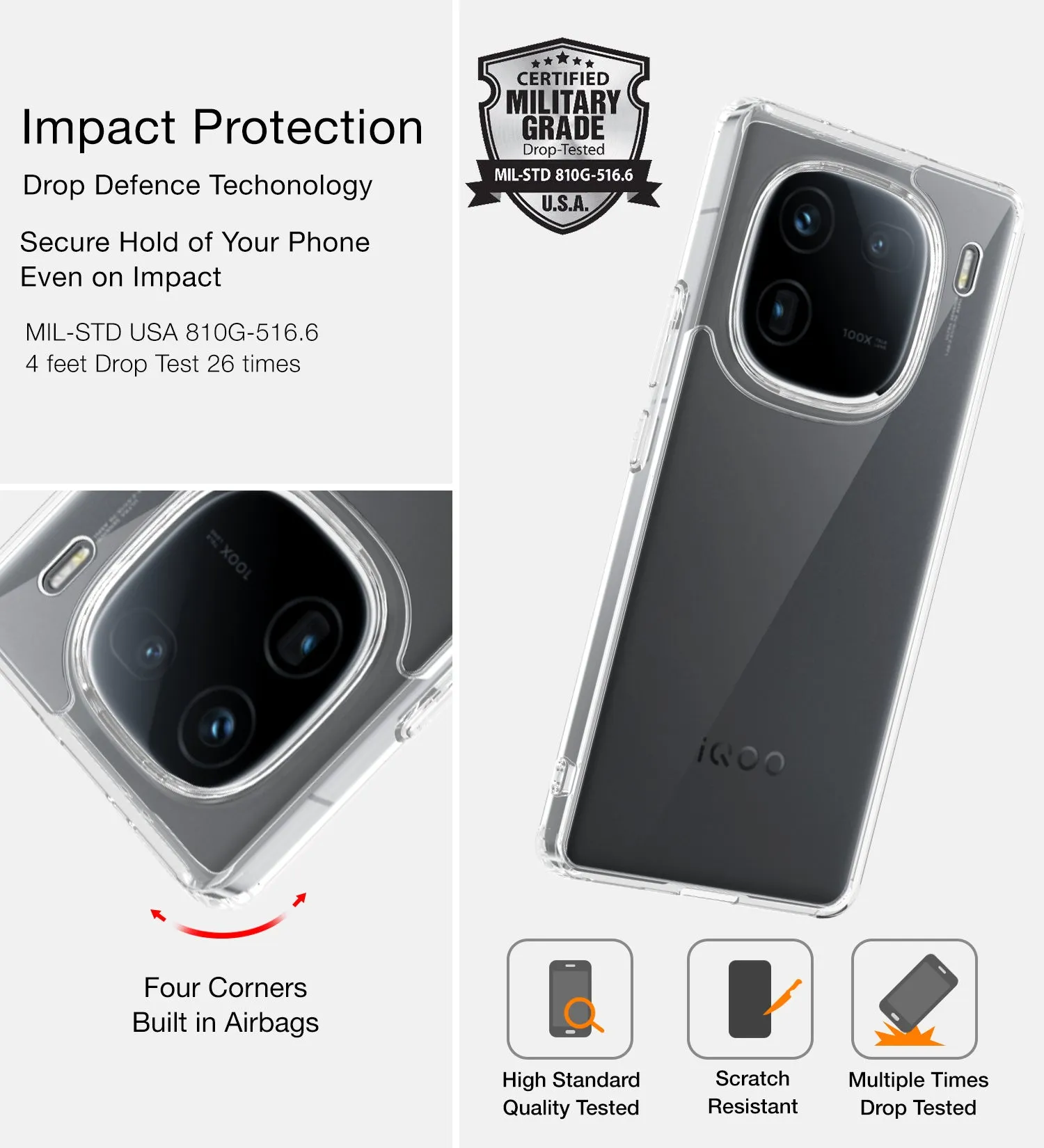 Ice Crystal Series Hybrid Transparent PC Military Grade TPU Back Cover for IQOO 12 5G, 6.78 inch, Crystal Clear