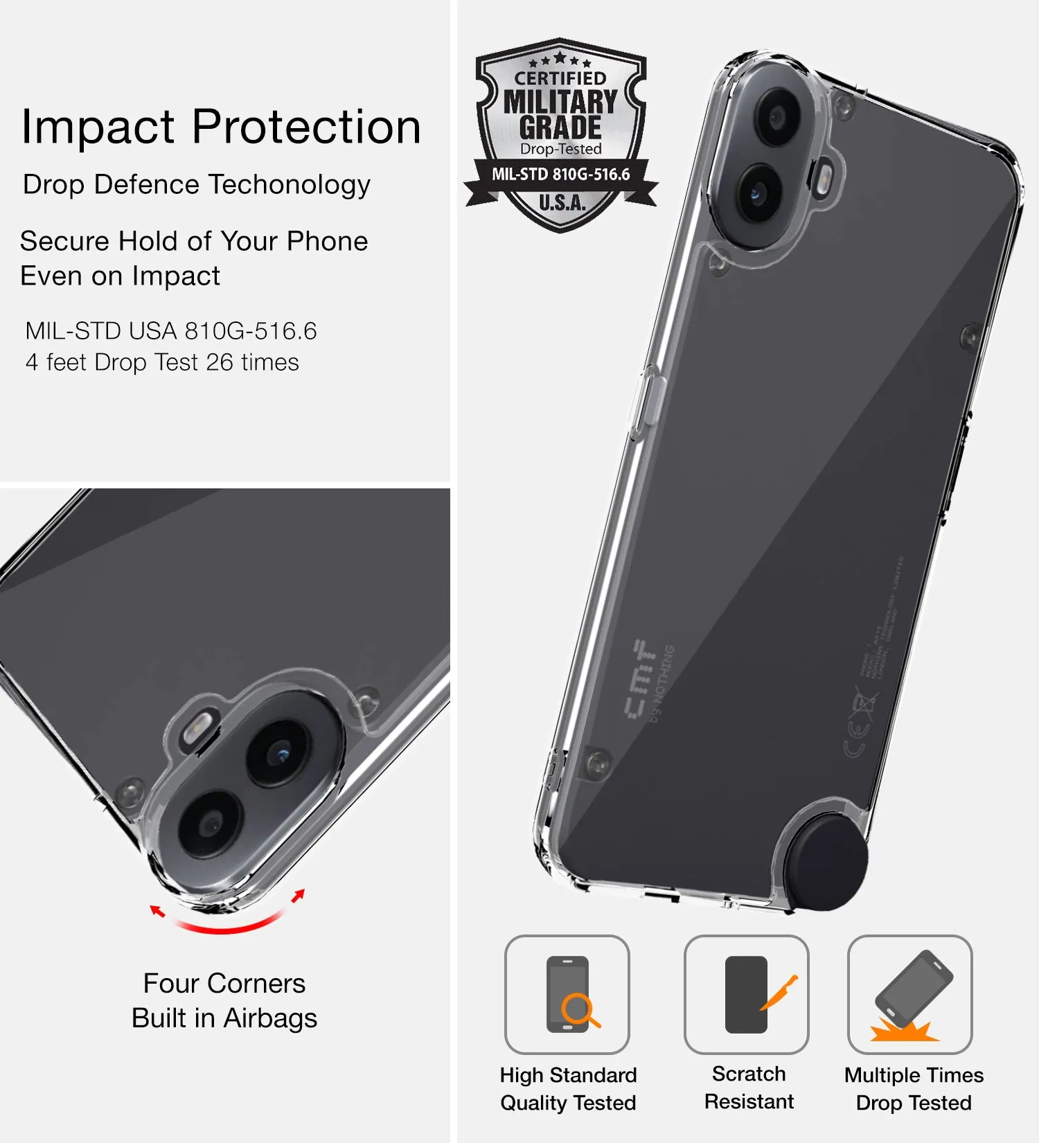 Ice Crystal Series Hybrid Transparent PC Military Grade TPU Back Cover for Nothing CMF Phone 1 5G, 6.67 inch, Crystal Clear