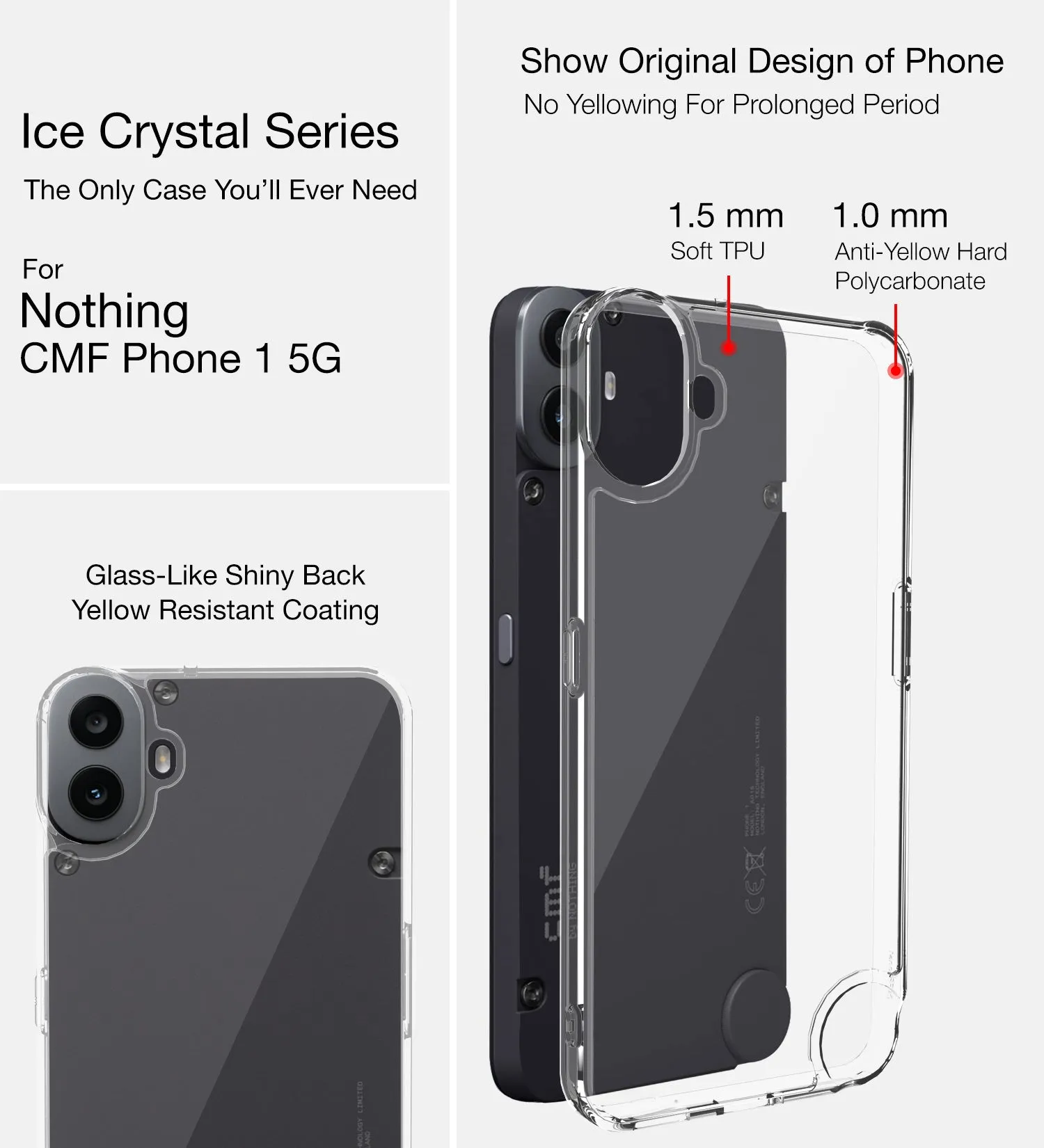 Ice Crystal Series Hybrid Transparent PC Military Grade TPU Back Cover for Nothing CMF Phone 1 5G, 6.67 inch, Crystal Clear