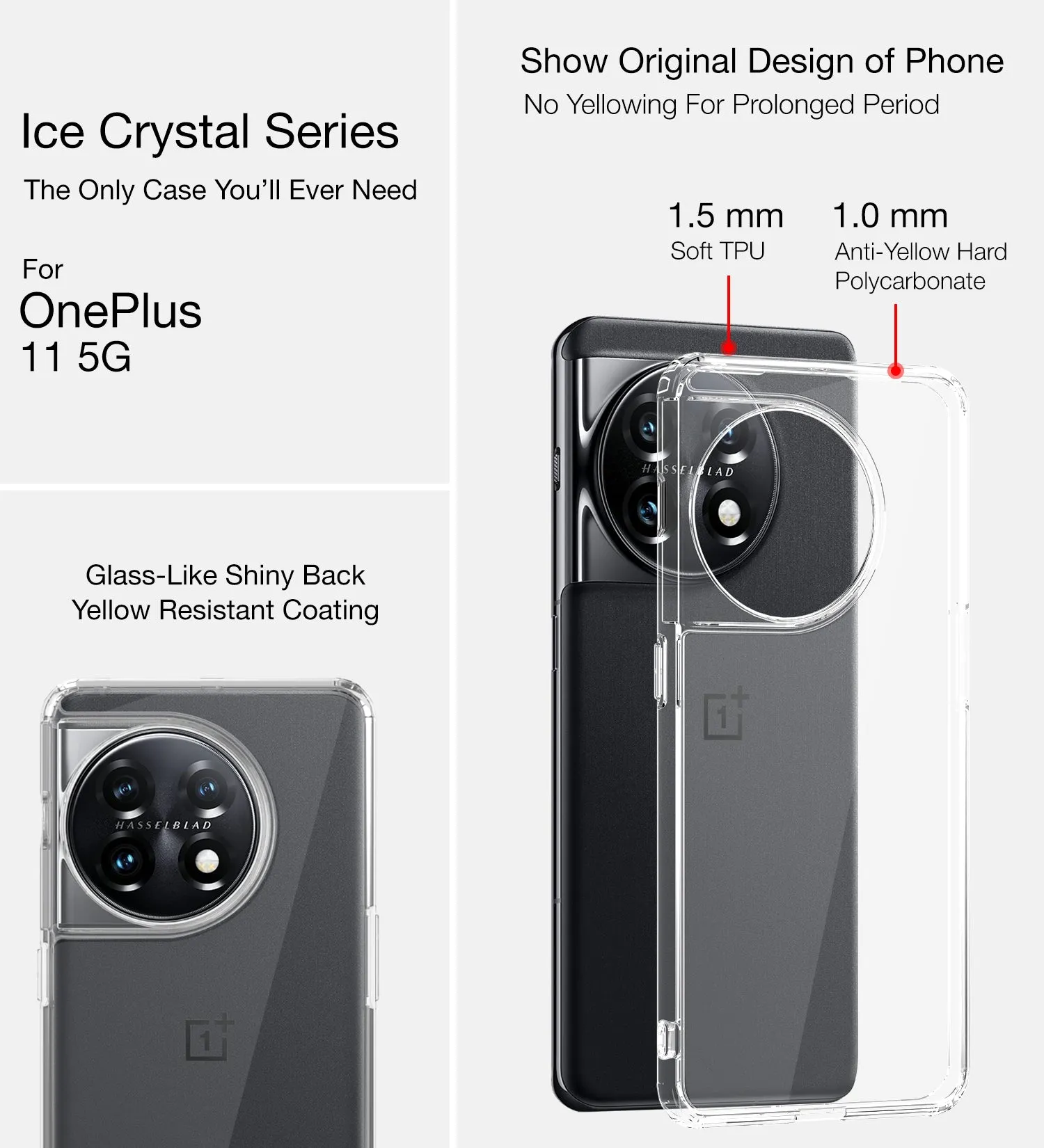 Ice Crystal Series Hybrid Transparent PC Military Grade TPU Back Cover for OnePlus 11 5G, 6.7 inch, Crystal Clear
