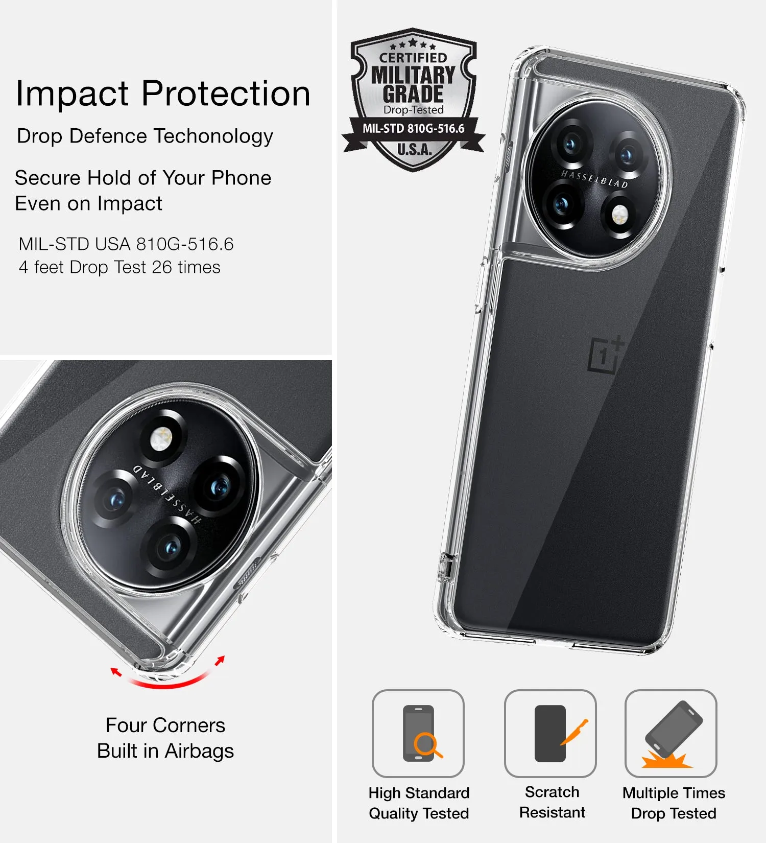 Ice Crystal Series Hybrid Transparent PC Military Grade TPU Back Cover for OnePlus 11 5G, 6.7 inch, Crystal Clear