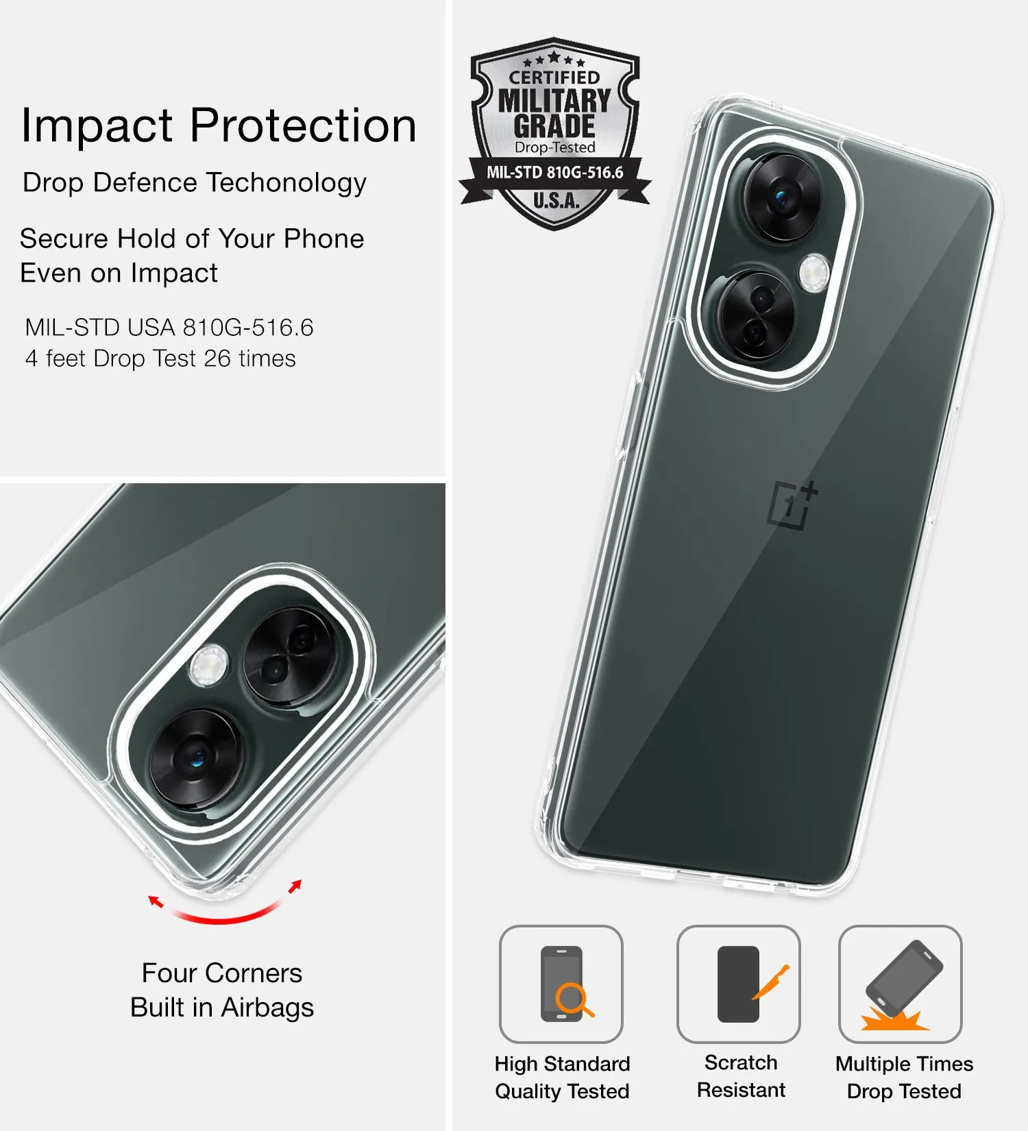Ice Crystal Series Hybrid Transparent PC Military Grade TPU Back Cover for OnePlus Nord CE 3 Lite 5G, 6.72 inch, Crystal Clear