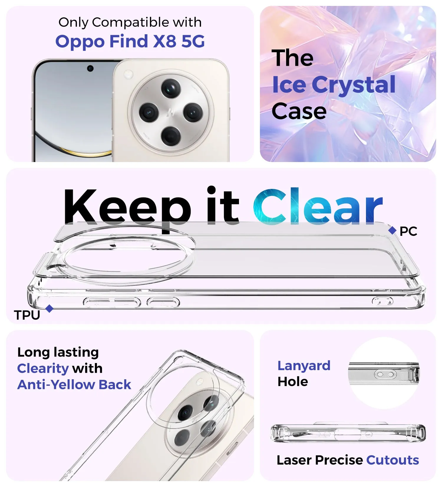 Ice Crystal Series Hybrid Transparent PC Military Grade TPU Back Cover for Oppo Find X8 5G, 6.59 inch, Crystal Clear