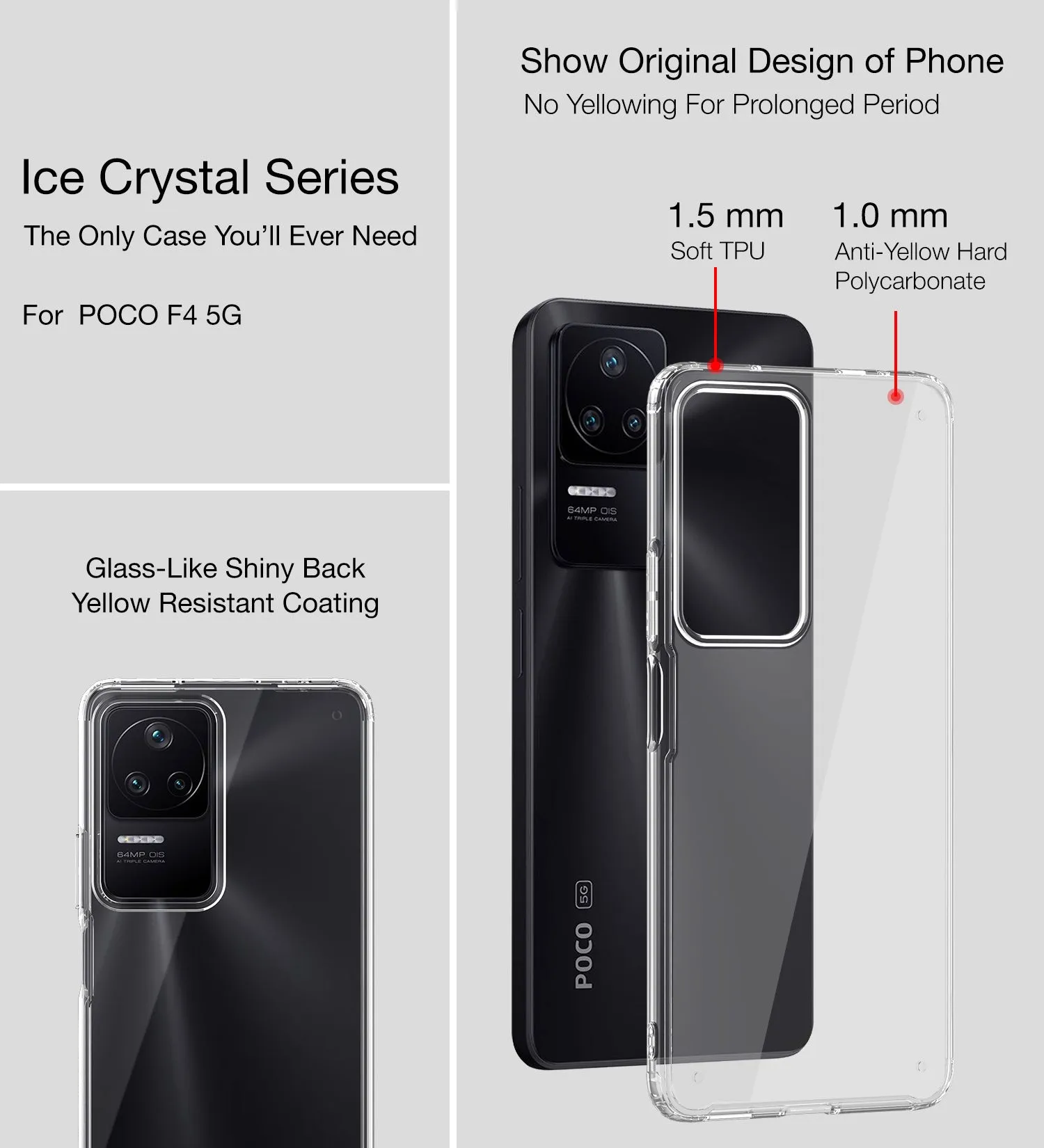 Ice Crystal Series Hybrid Transparent PC Military Grade TPU Back Cover for POCO F4 5G, 6.67 inch, Crystal Clear