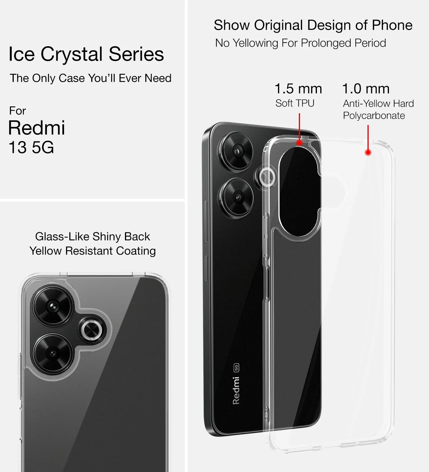 Ice Crystal Series Hybrid Transparent PC Military Grade TPU Back Cover for Poco M6 Plus 5G, Redmi 13 5G, 6.79 inch, Crystal Clear