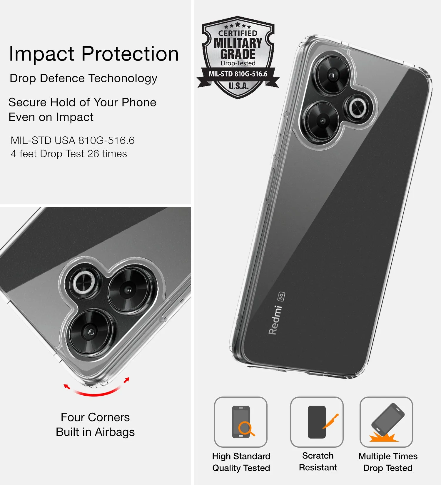 Ice Crystal Series Hybrid Transparent PC Military Grade TPU Back Cover for Poco M6 Plus 5G, Redmi 13 5G, 6.79 inch, Crystal Clear