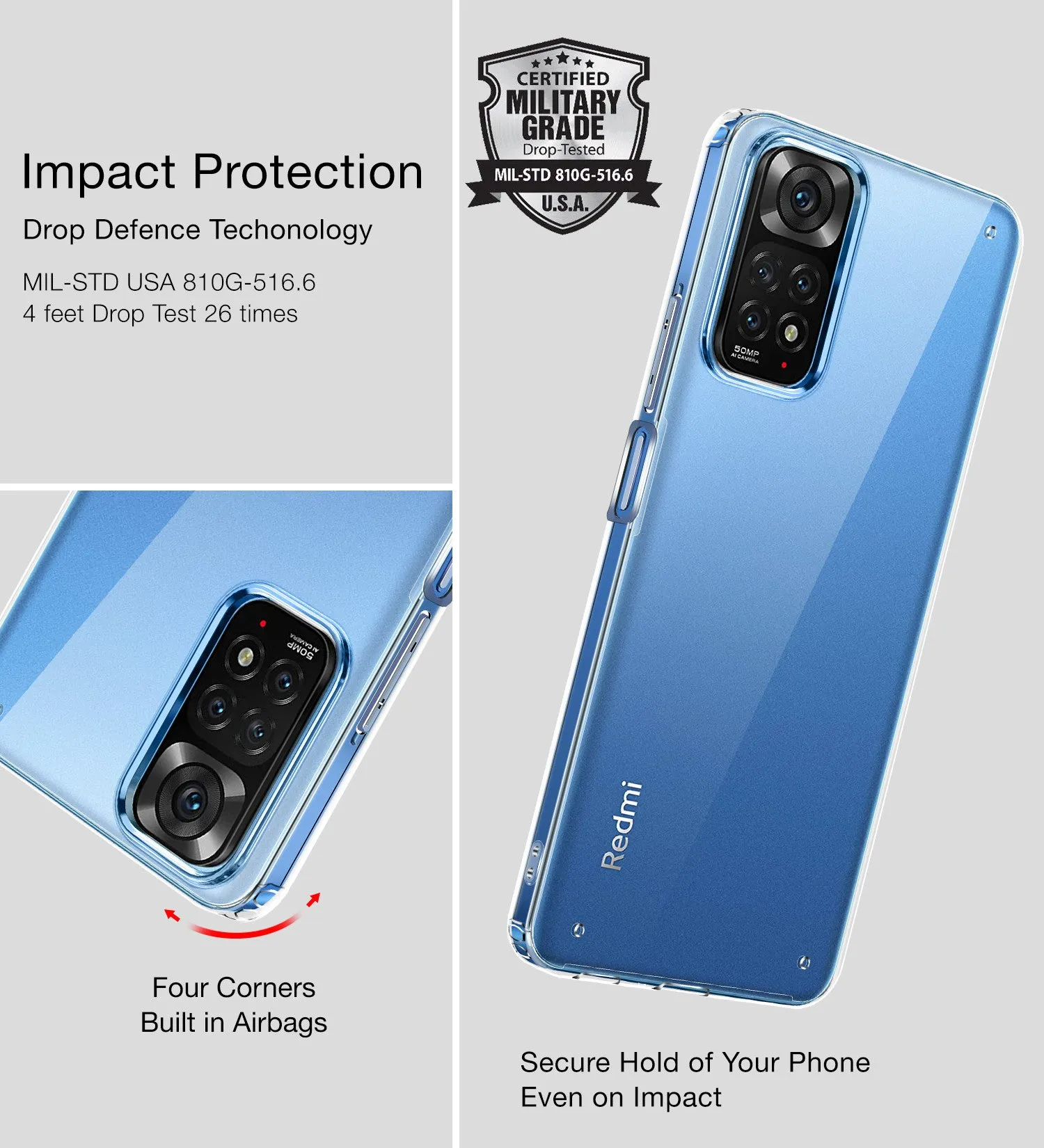 Ice Crystal Series Hybrid Transparent PC Military Grade TPU Back Cover for Redmi Note 11, Redmi Note 11S, 6.43 inch, Crystal Clear