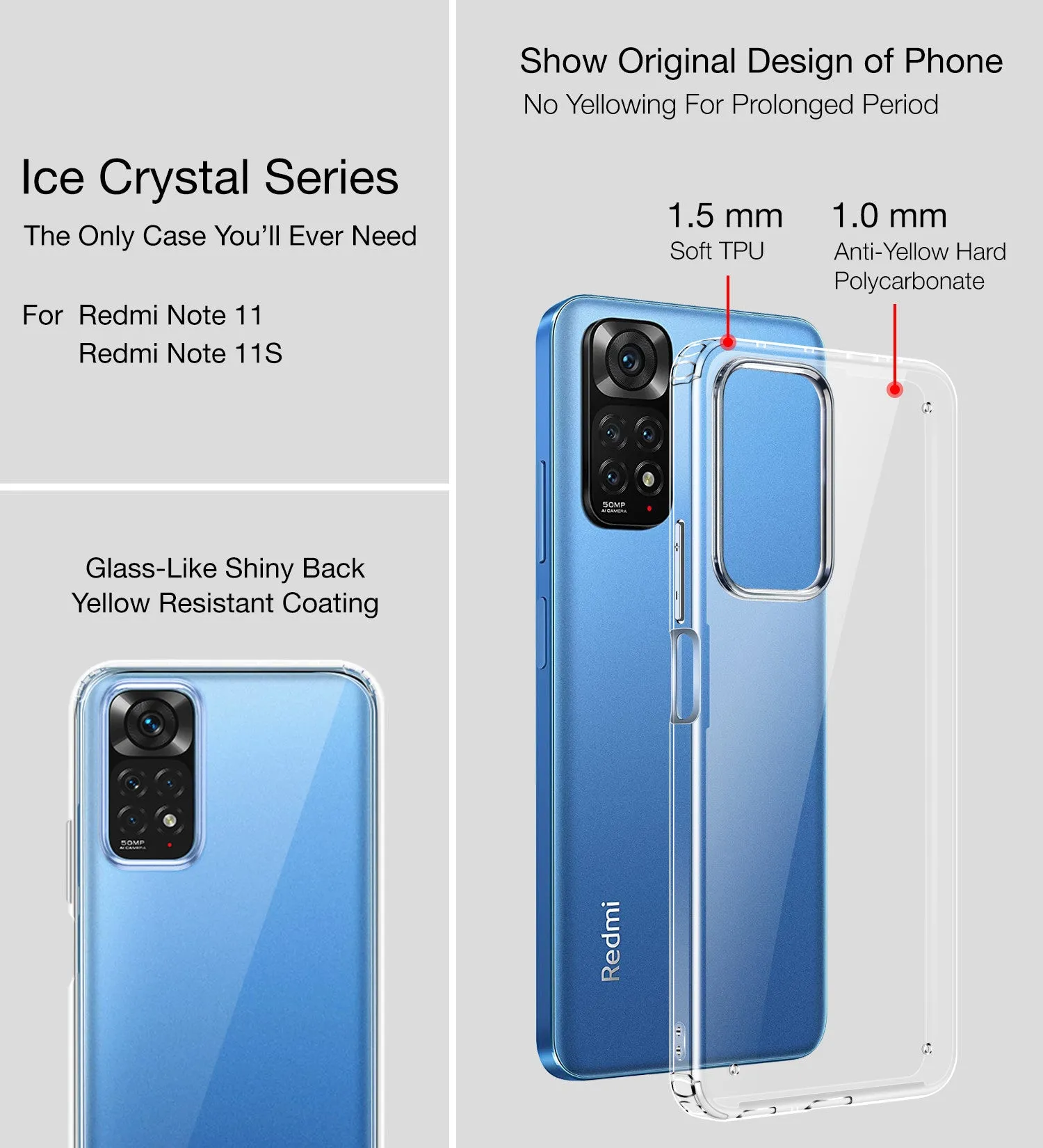 Ice Crystal Series Hybrid Transparent PC Military Grade TPU Back Cover for Redmi Note 11, Redmi Note 11S, 6.43 inch, Crystal Clear