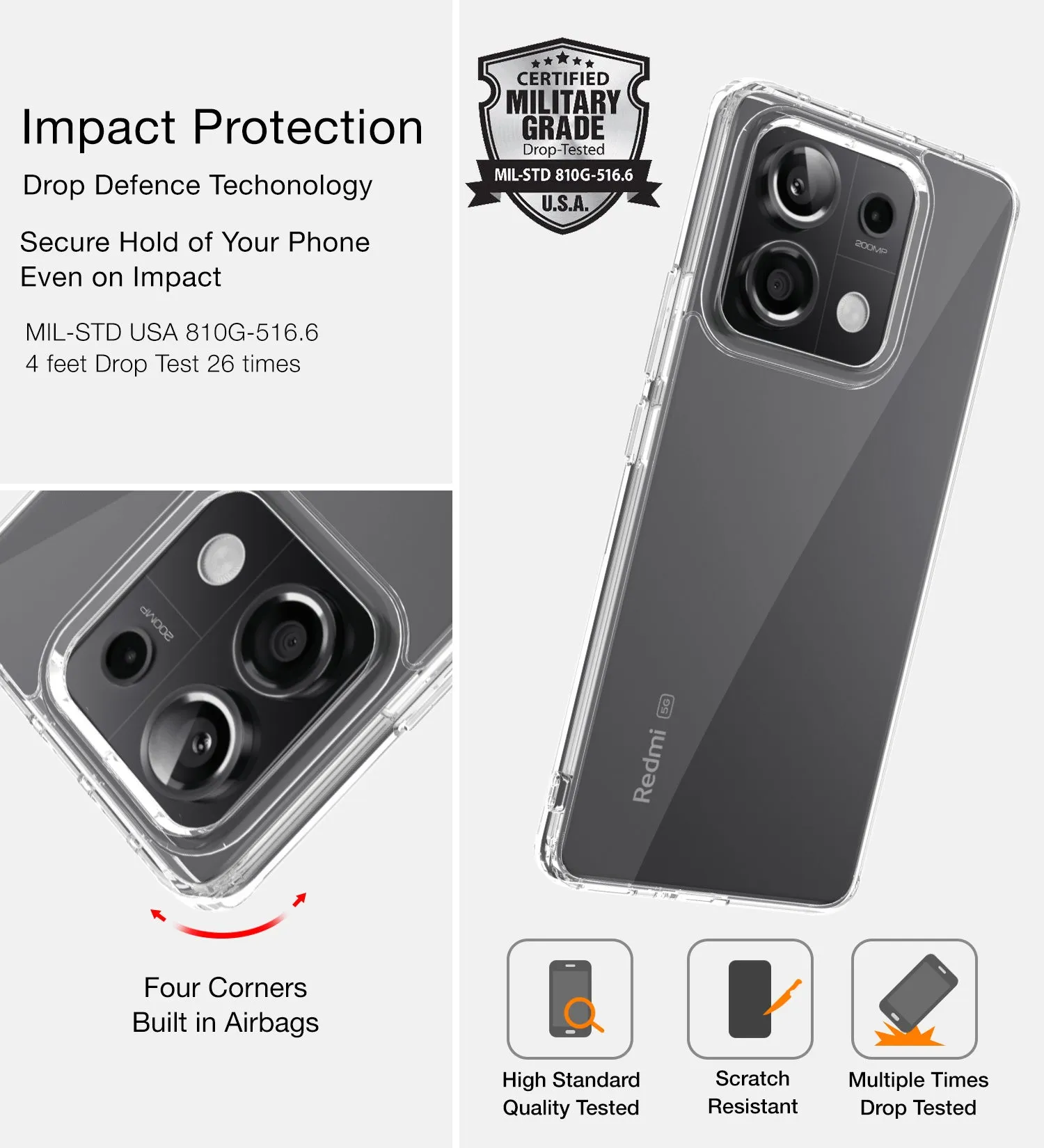 Ice Crystal Series Hybrid Transparent PC Military Grade TPU Back Cover for Redmi Note 13 Pro 5G, POCO X6 5G, 6.67 inch, Crystal Clear