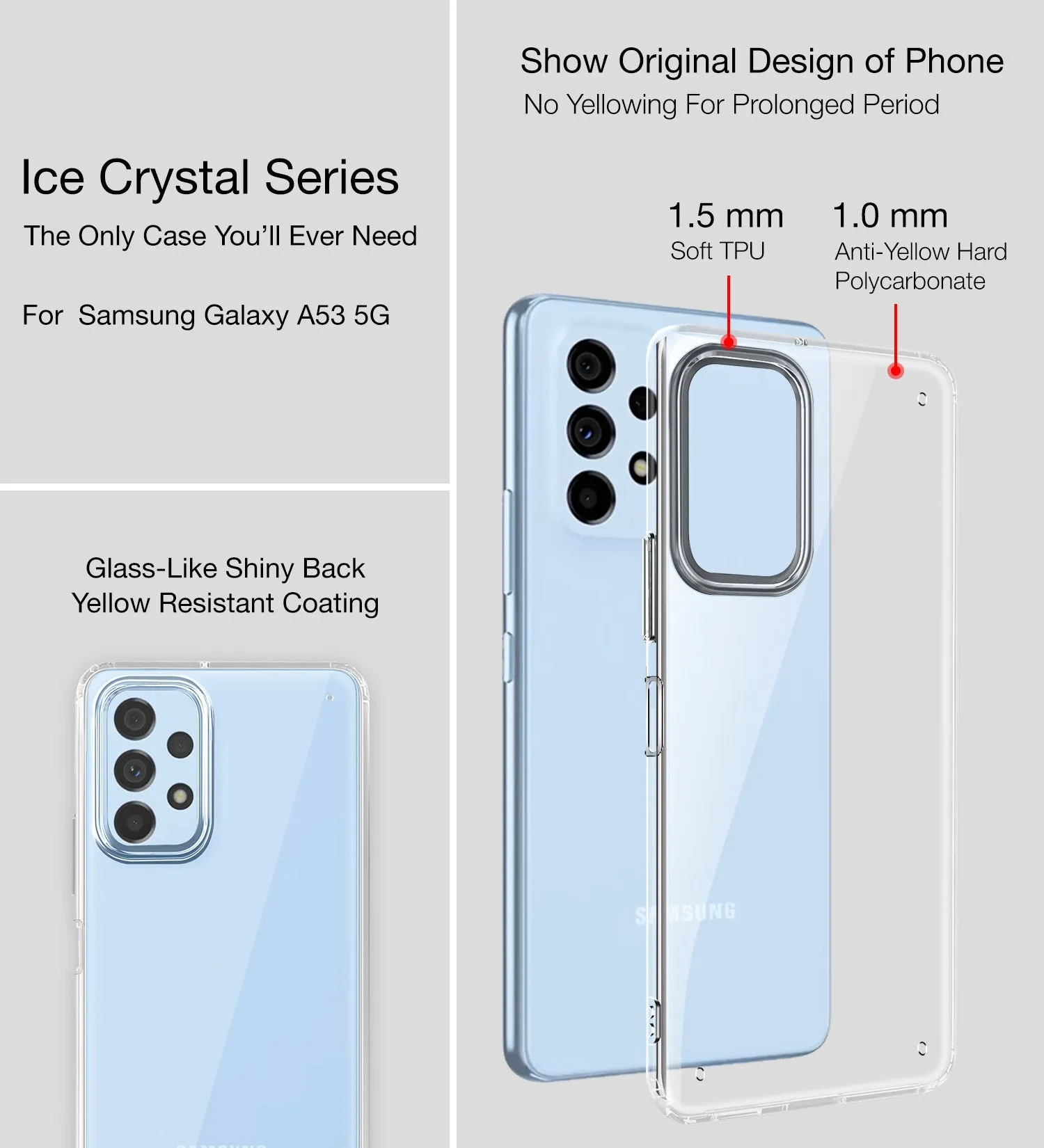 Ice Crystal Series Hybrid Transparent PC Military Grade TPU Back Cover for Samsung Galaxy A53 5G, 6.5 inch, Crystal Clear