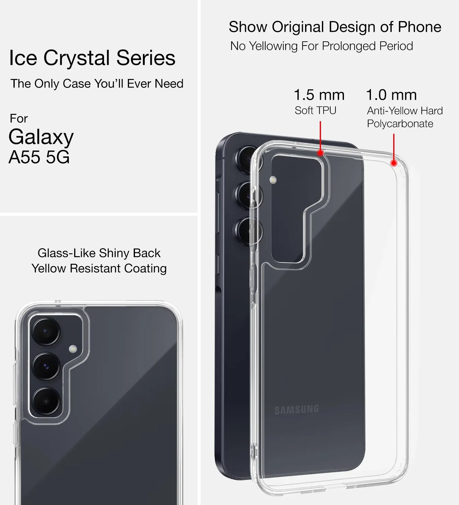 Ice Crystal Series Hybrid Transparent PC Military Grade TPU Back Cover for Samsung Galaxy A55 5G, 6.6 inch, Crystal Clear