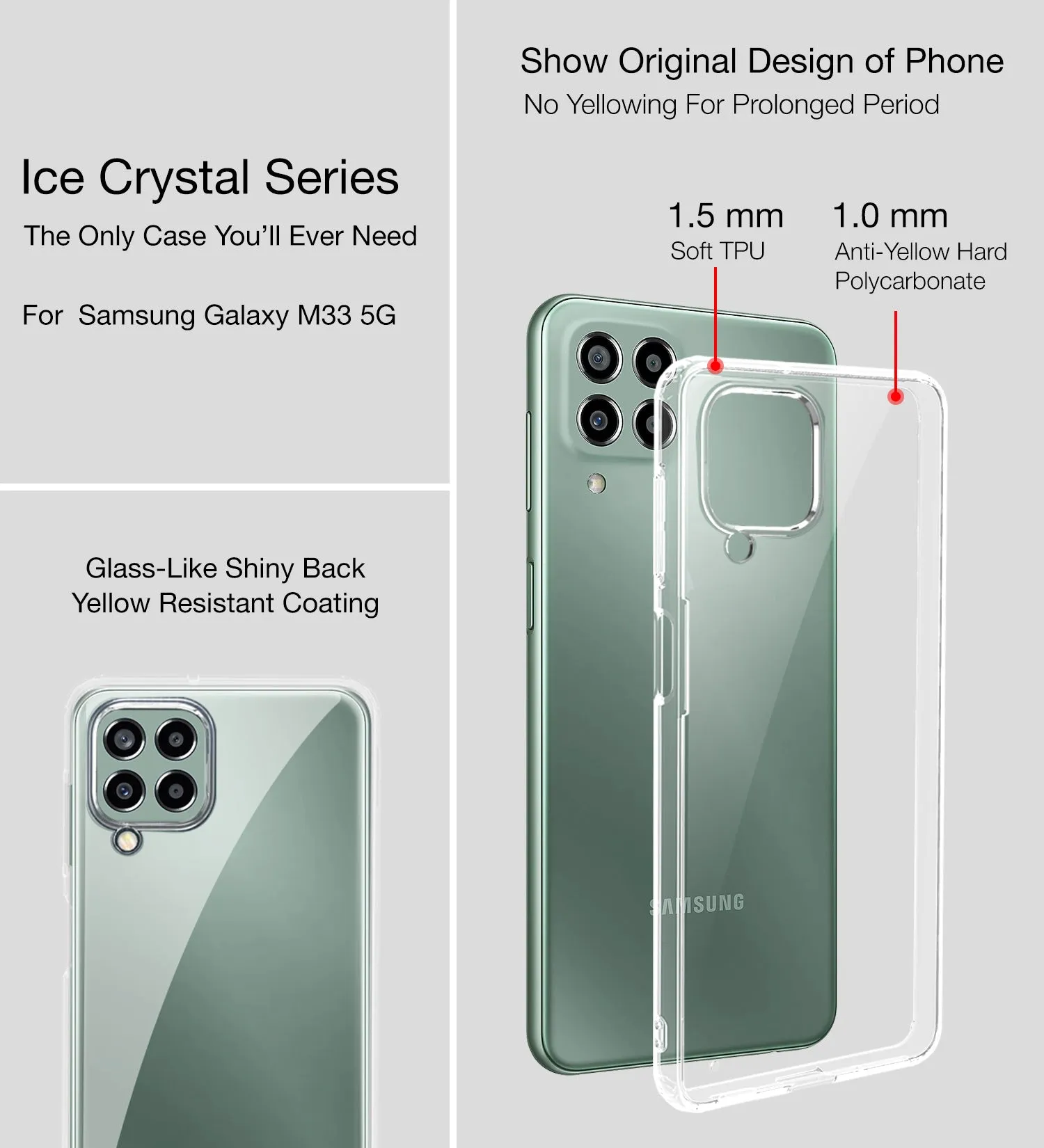 Ice Crystal Series Hybrid Transparent PC Military Grade TPU Back Cover for Samsung Galaxy M33 5G, 6.6 inch, Crystal Clear