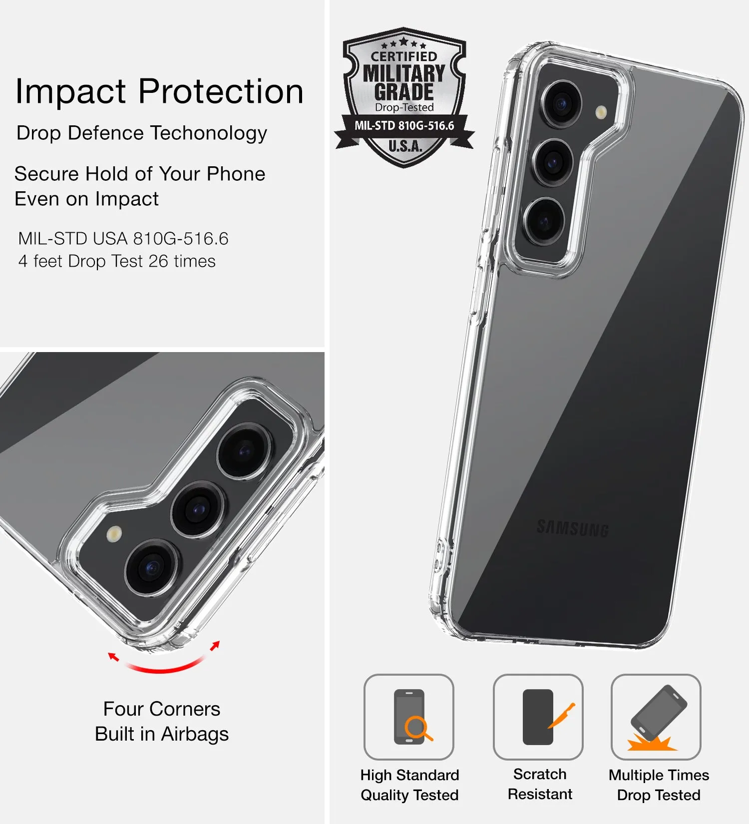 Ice Crystal Series Hybrid Transparent PC Military Grade TPU Back Cover for Samsung Galaxy S23  Plus 5G, 6.6 inch, Crystal Clear