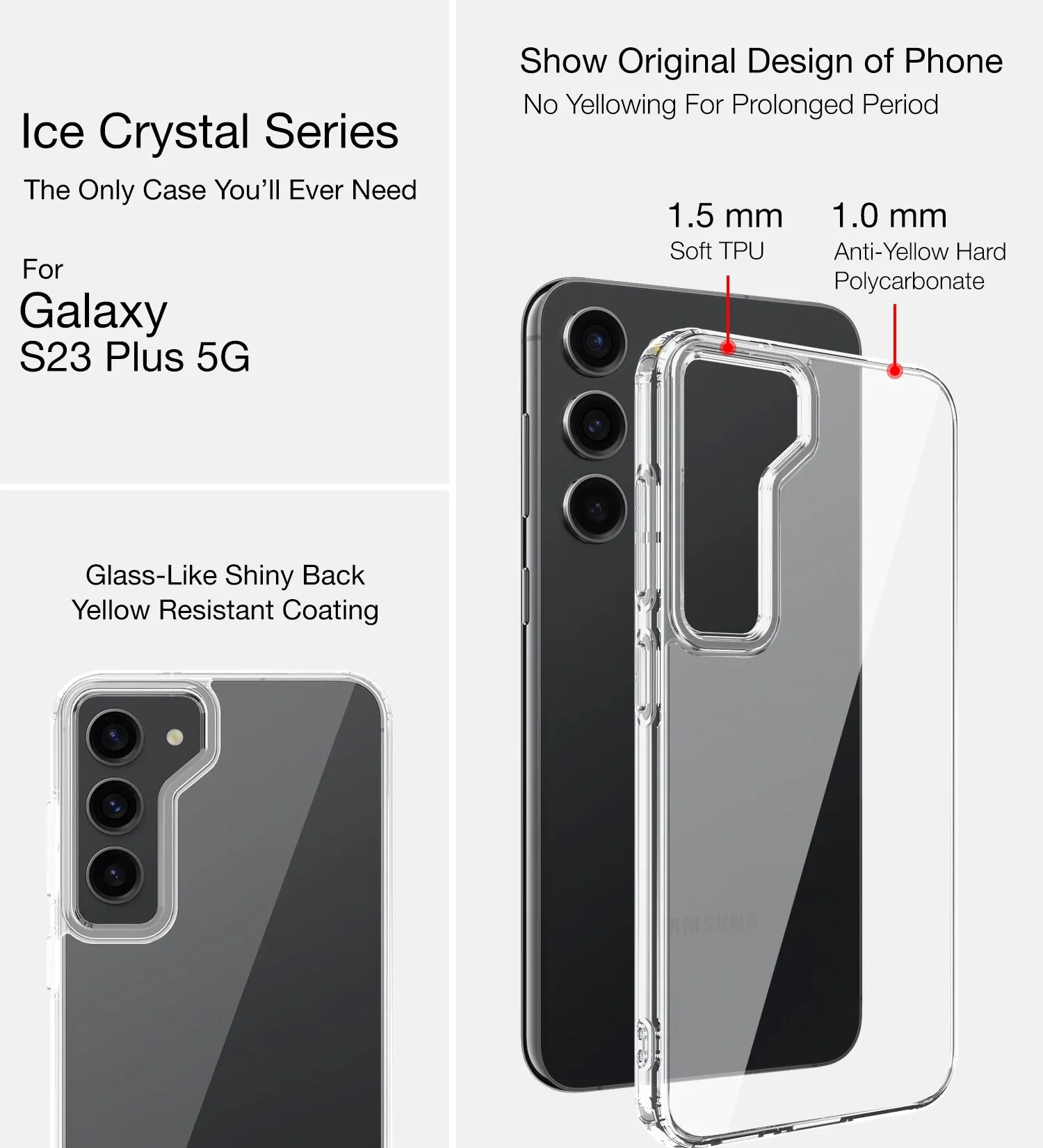 Ice Crystal Series Hybrid Transparent PC Military Grade TPU Back Cover for Samsung Galaxy S23  Plus 5G, 6.6 inch, Crystal Clear