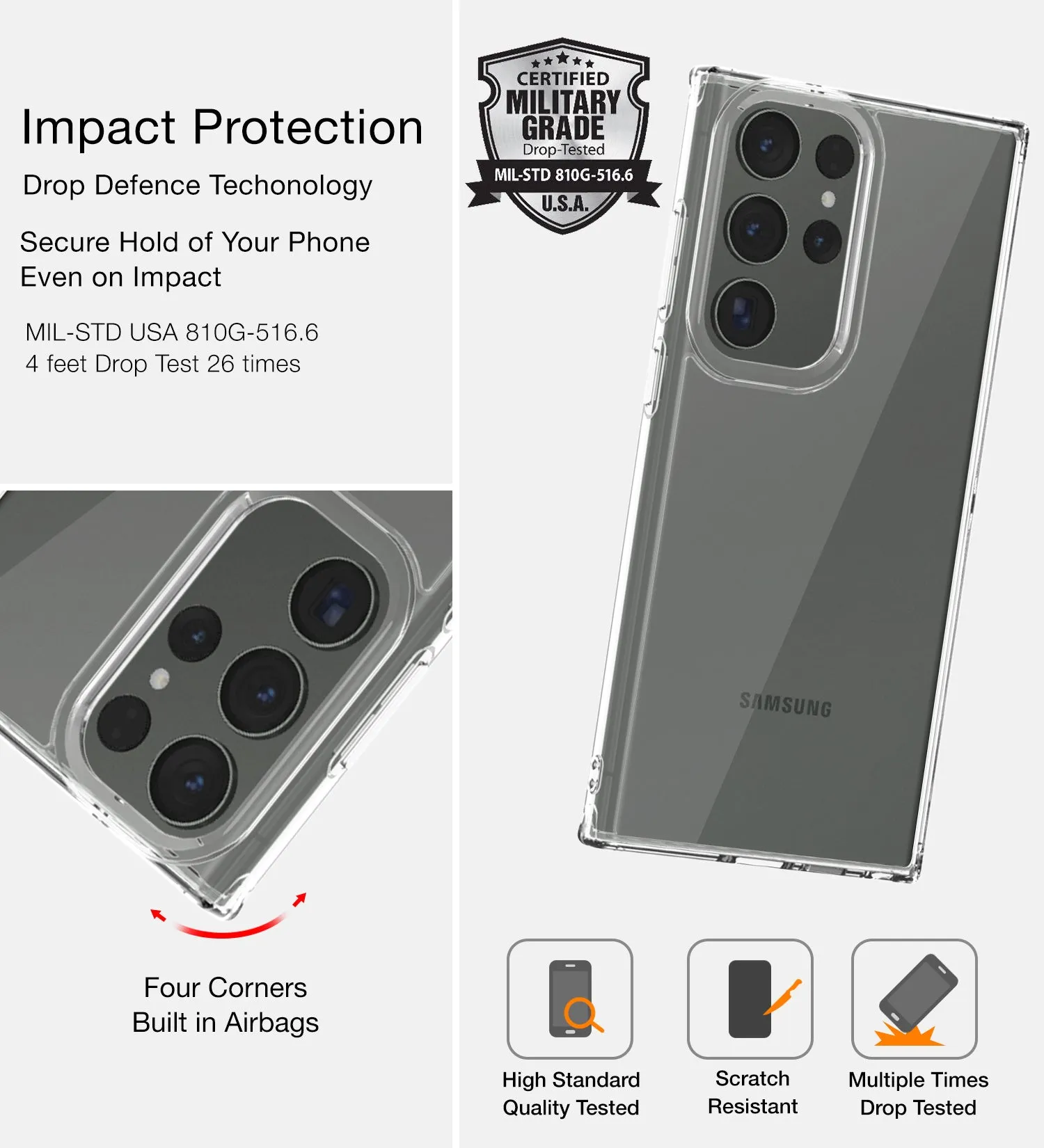 Ice Crystal Series Hybrid Transparent PC Military Grade TPU Back Cover for Samsung Galaxy S23 Ultra 5G, 6.8 inch, Crystal Clear