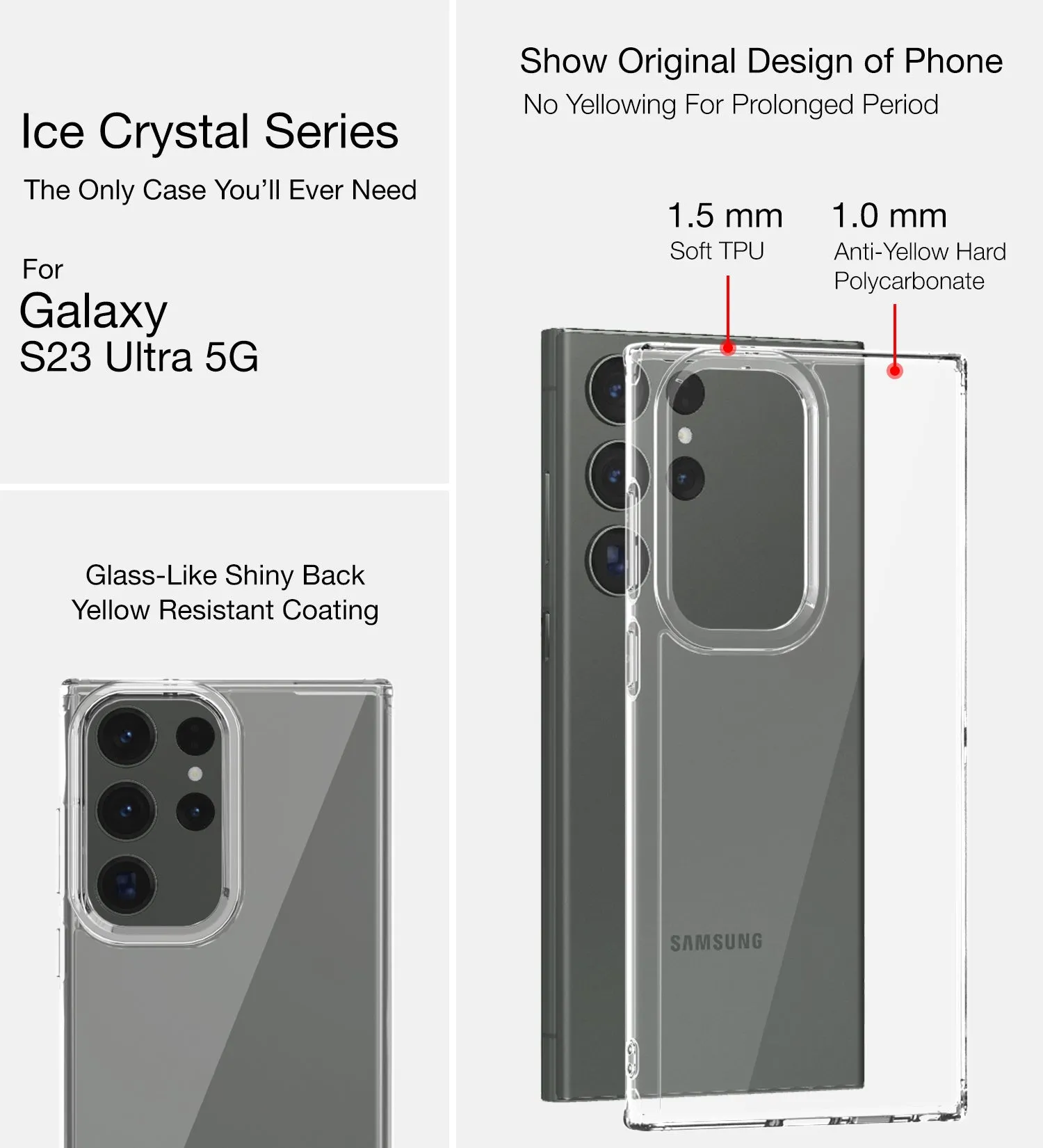 Ice Crystal Series Hybrid Transparent PC Military Grade TPU Back Cover for Samsung Galaxy S23 Ultra 5G, 6.8 inch, Crystal Clear