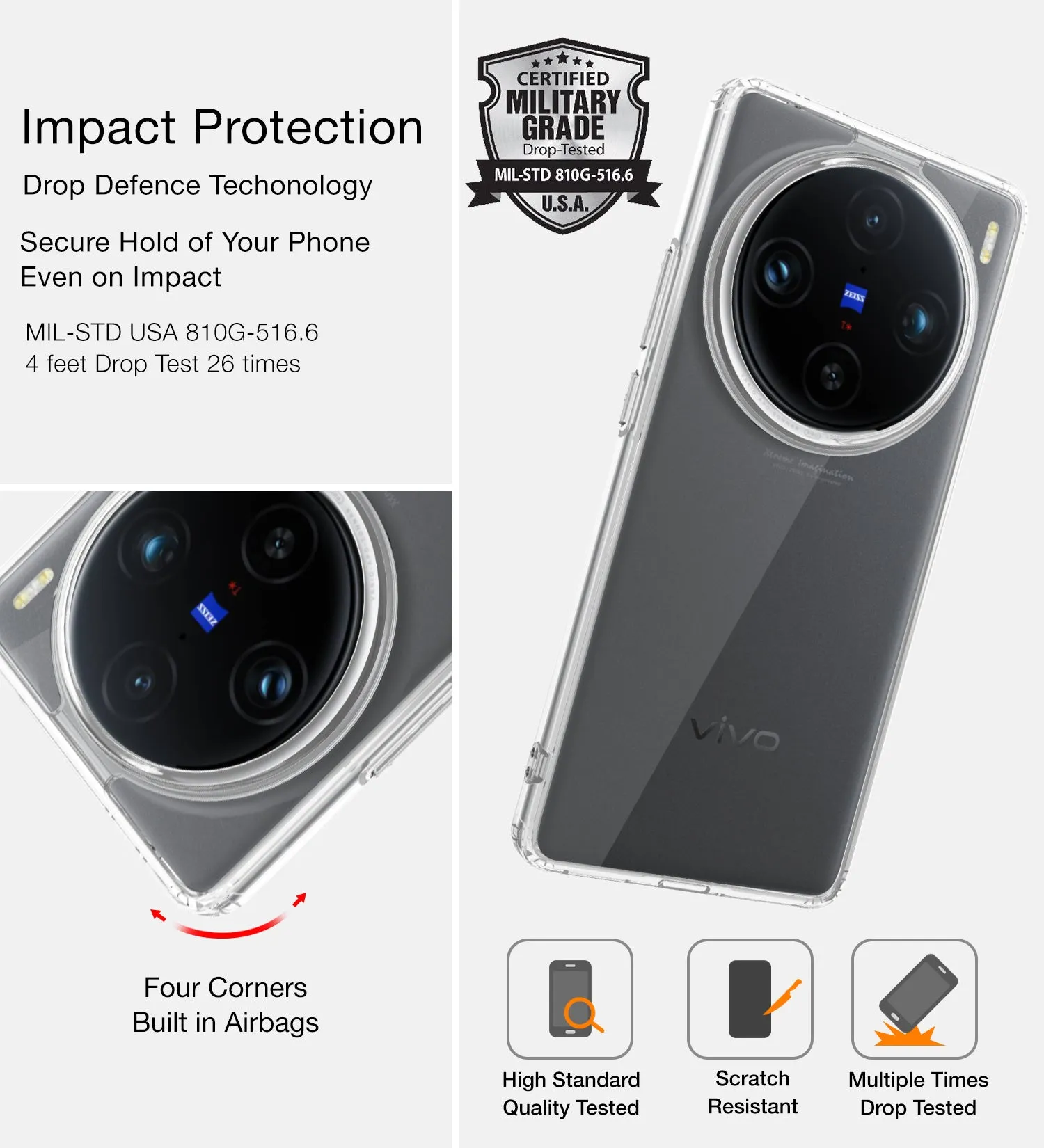 Ice Crystal Series Hybrid Transparent PC Military Grade TPU Back Cover for Vivo X100 Pro 5G, 6.78 inch, Crystal Clear