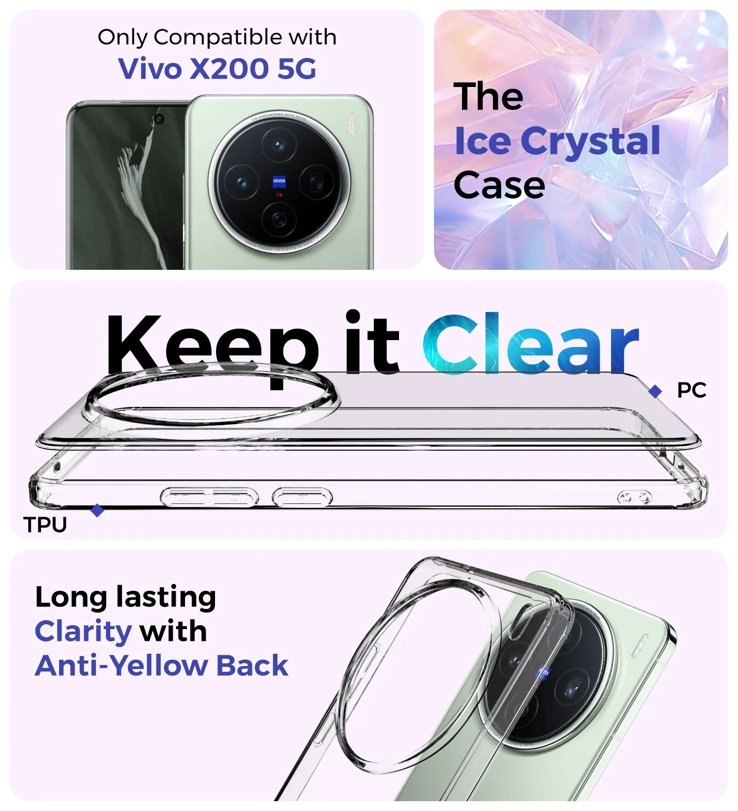 Ice Crystal Series Hybrid Transparent PC Military Grade TPU Back Cover for Vivo X200 5G, 6.67 inch, Crystal Clear