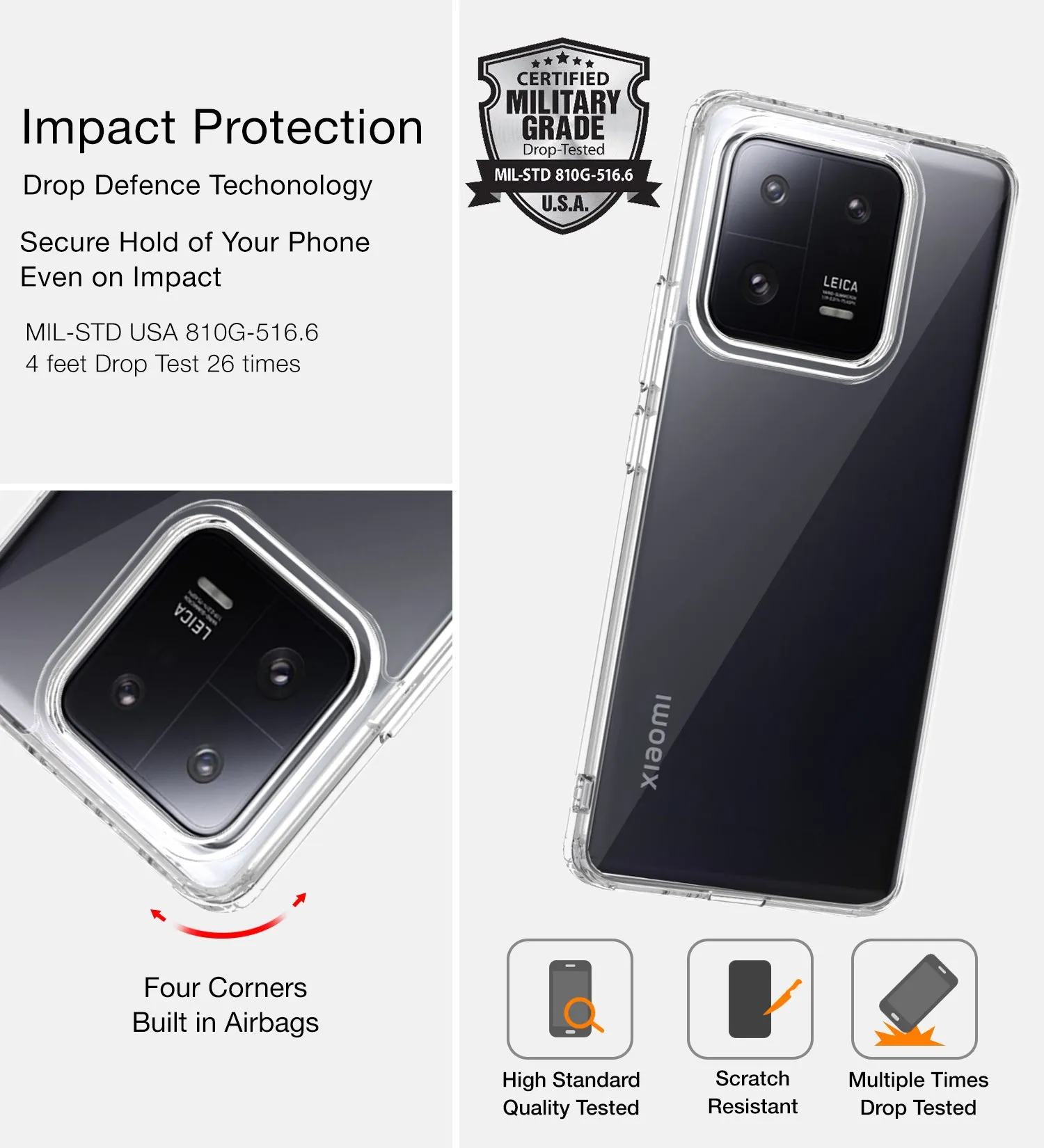 Ice Crystal Series Hybrid Transparent PC Military Grade TPU Back Cover for Xiaomi 13 Pro 5G, 6.73 inch, Crystal Clear