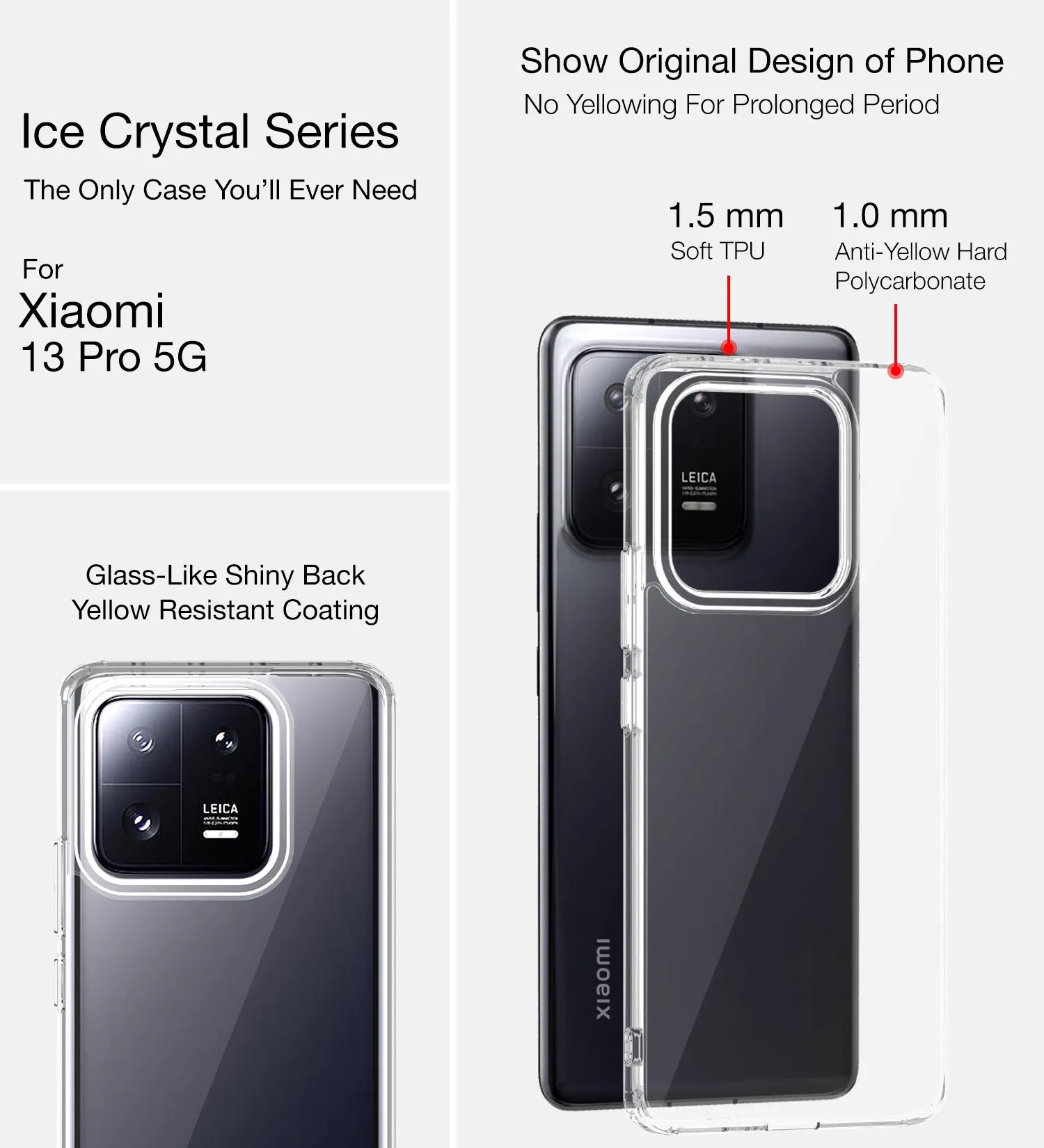 Ice Crystal Series Hybrid Transparent PC Military Grade TPU Back Cover for Xiaomi 13 Pro 5G, 6.73 inch, Crystal Clear