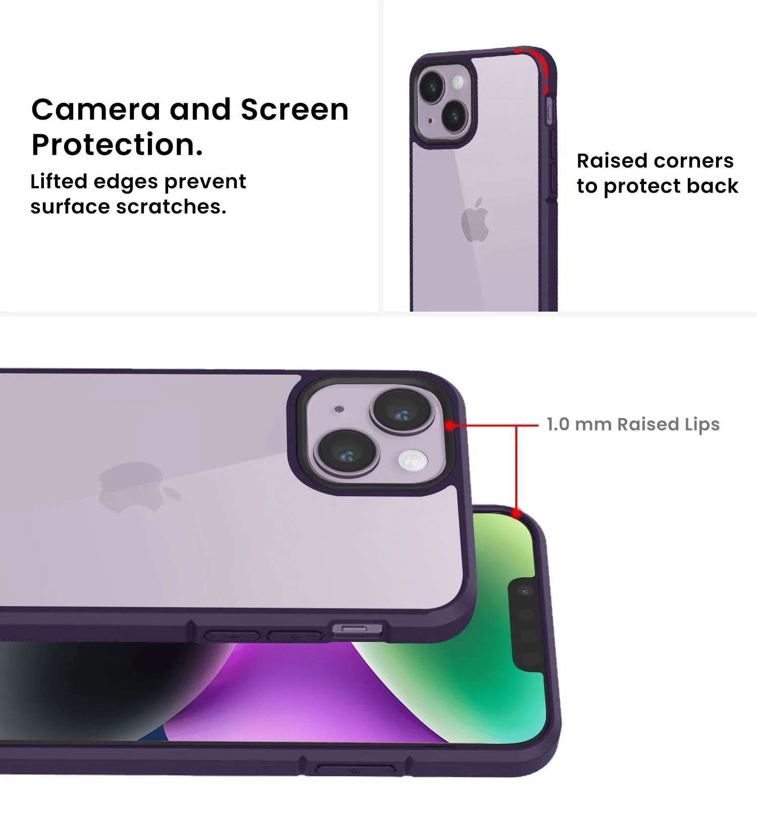 Ice Crystal Series Hybrid Yellow Resistant Transparent PC Military Grade TPU Back Cover for Apple iPhone 14, 6.1 inch, Purple