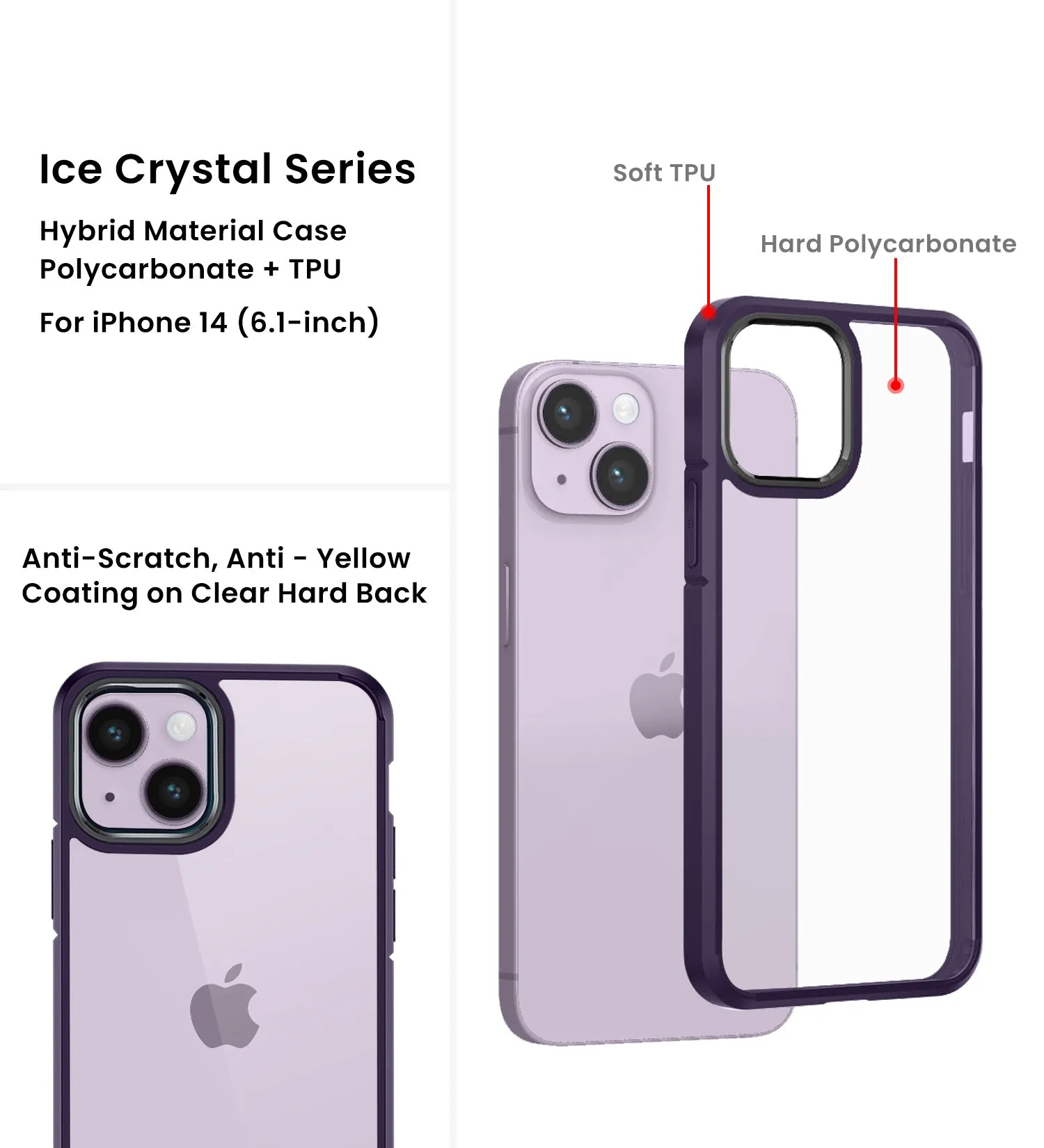 Ice Crystal Series Hybrid Yellow Resistant Transparent PC Military Grade TPU Back Cover for Apple iPhone 14, 6.1 inch, Purple