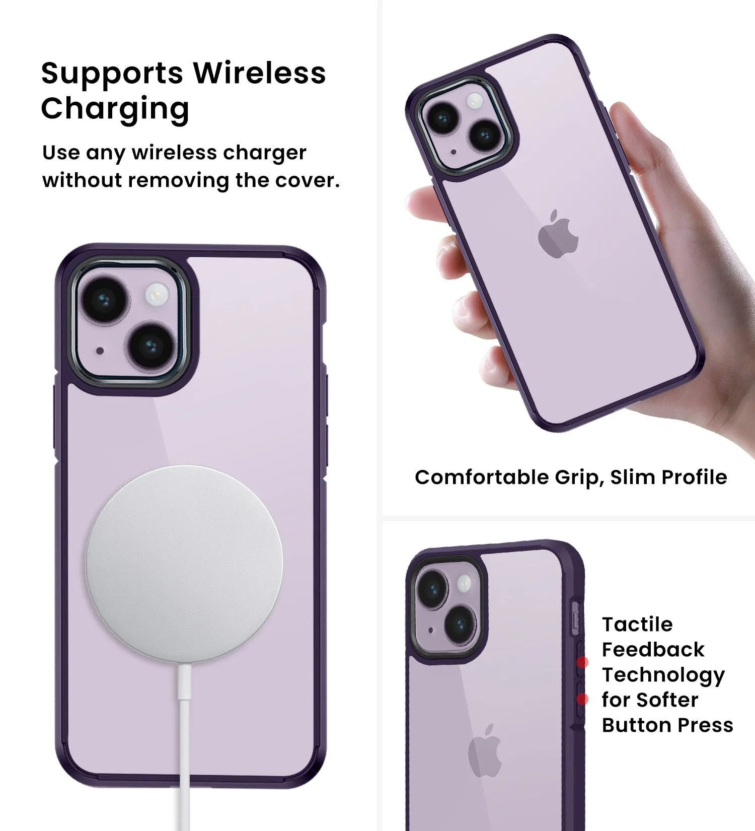 Ice Crystal Series Hybrid Yellow Resistant Transparent PC Military Grade TPU Back Cover for Apple iPhone 14, 6.1 inch, Purple