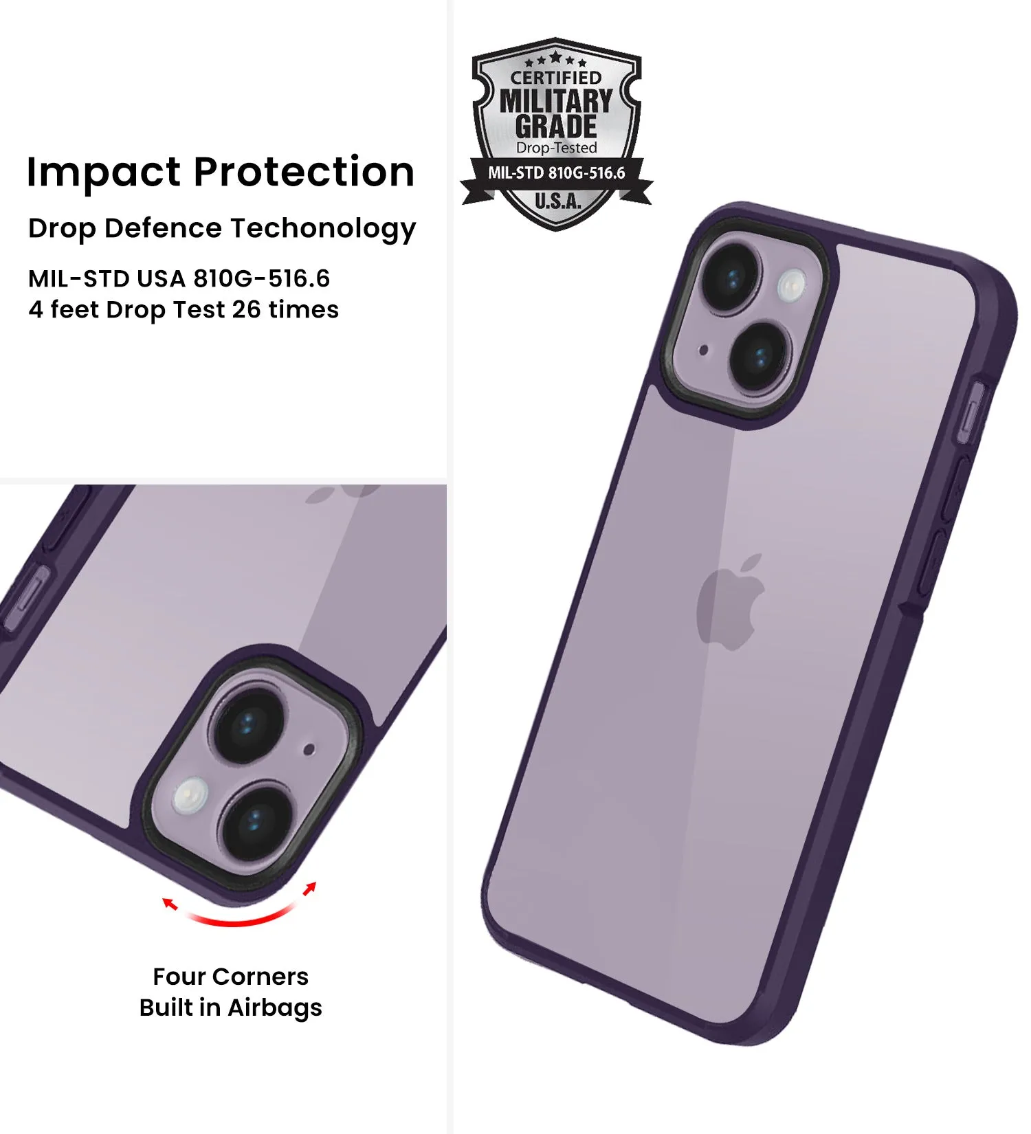 Ice Crystal Series Hybrid Yellow Resistant Transparent PC Military Grade TPU Back Cover for Apple iPhone 14, 6.1 inch, Purple