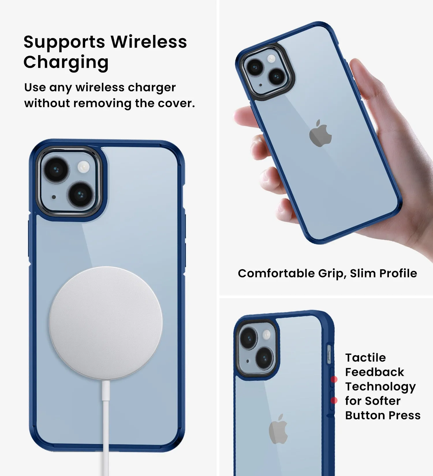 Ice Crystal Series Hybrid Yellow Resistant Transparent PC Military Grade TPU Back Cover for Apple iPhone 14 Plus, 6.7 inch, Deep Blue