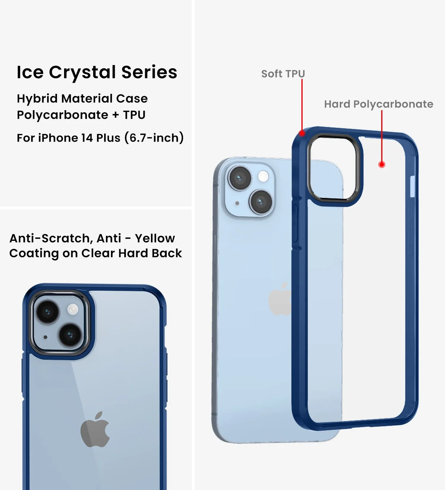 Ice Crystal Series Hybrid Yellow Resistant Transparent PC Military Grade TPU Back Cover for Apple iPhone 14 Plus, 6.7 inch, Deep Blue