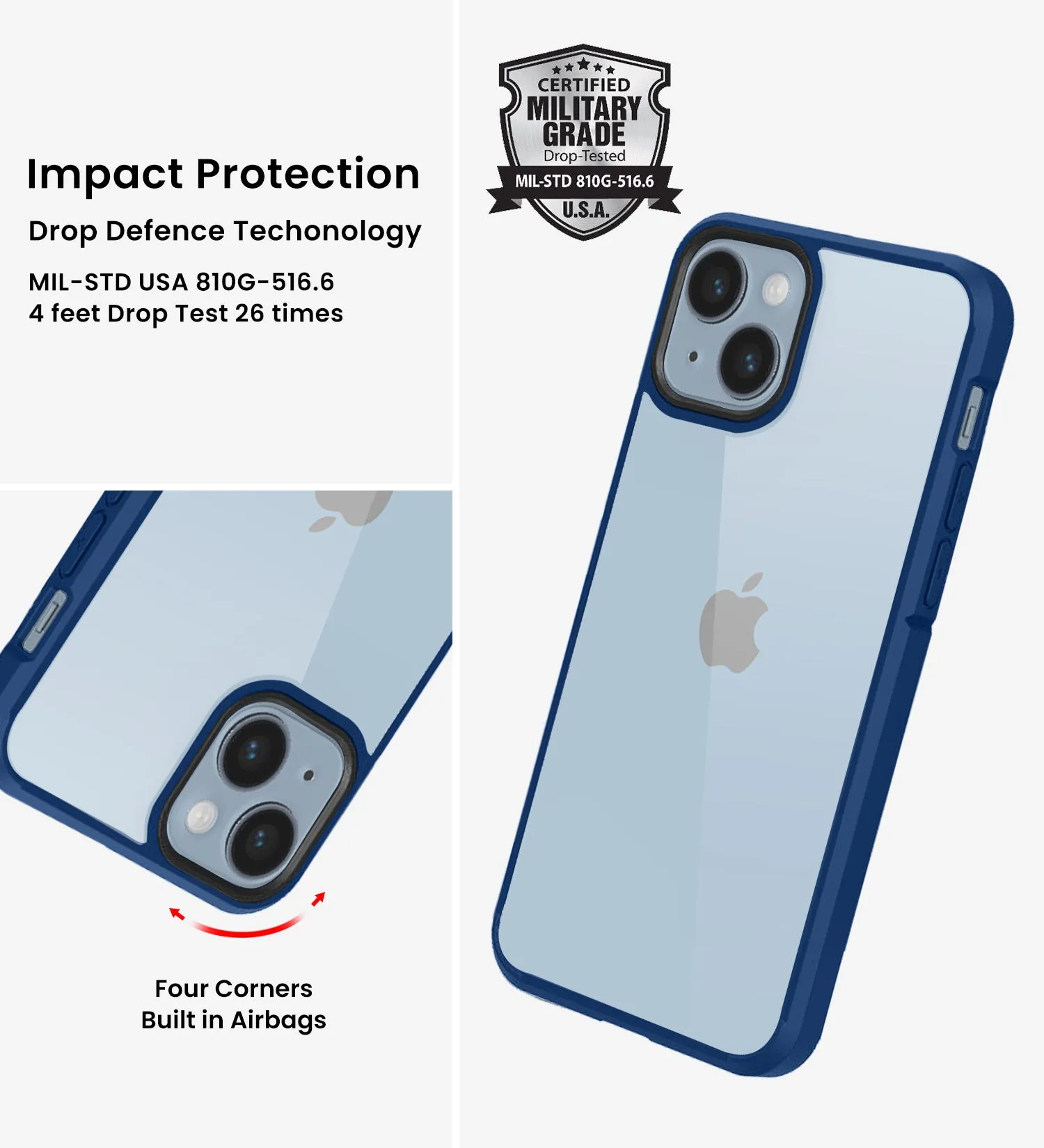 Ice Crystal Series Hybrid Yellow Resistant Transparent PC Military Grade TPU Back Cover for Apple iPhone 14 Plus, 6.7 inch, Deep Blue