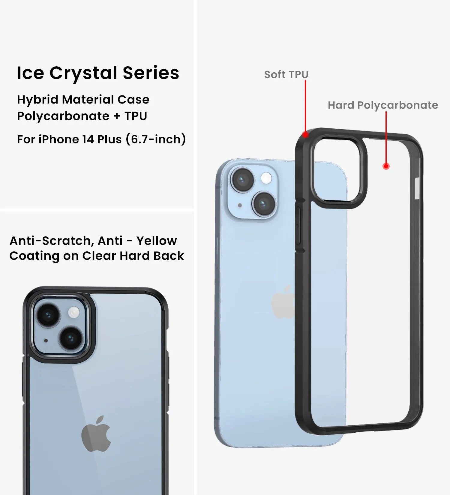 Ice Crystal Series Hybrid Yellow Resistant Transparent PC Military Grade TPU Back Cover for Apple iPhone 14 Plus, 6.7 inch, Space Black