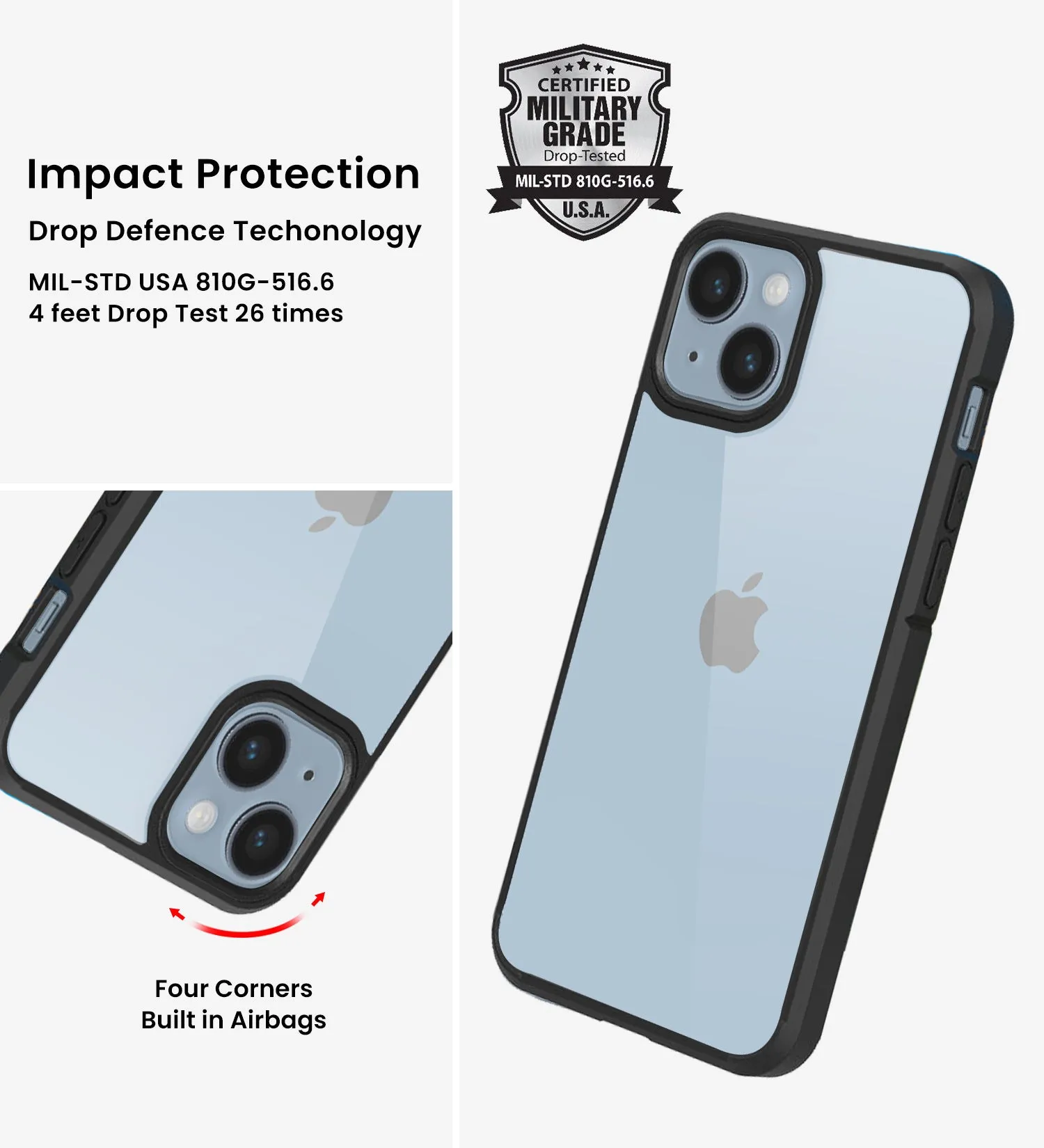 Ice Crystal Series Hybrid Yellow Resistant Transparent PC Military Grade TPU Back Cover for Apple iPhone 14 Plus, 6.7 inch, Space Black