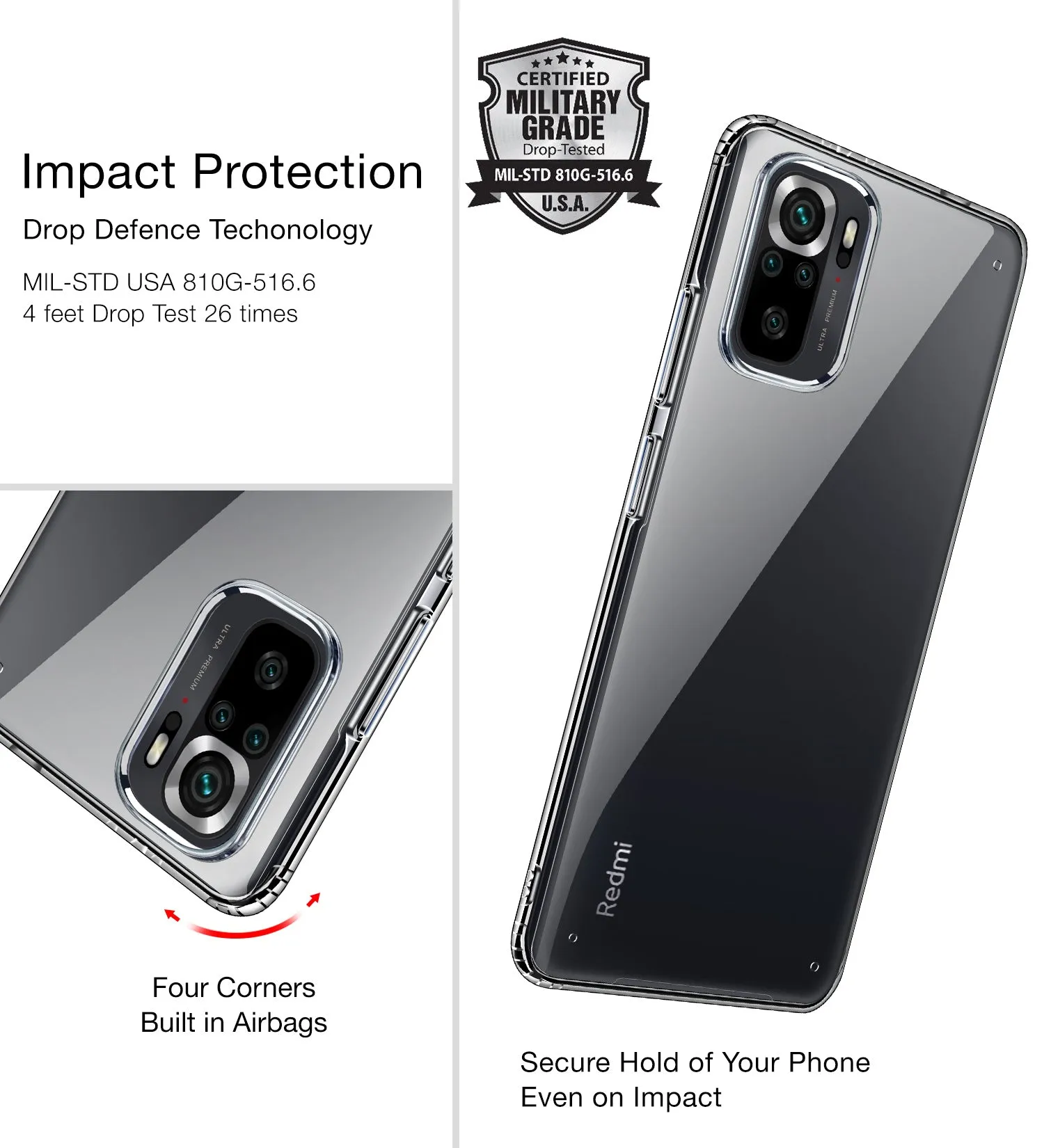 Ice Crystal Series Hybrid Yellow Resistant Transparent PC Military Grade TPU Back Cover for REDMI Note 11 SE, Xiaomi Redmi Note 10, Xiaomi Redmi Note 10S, 6.43 inch, Black Clear